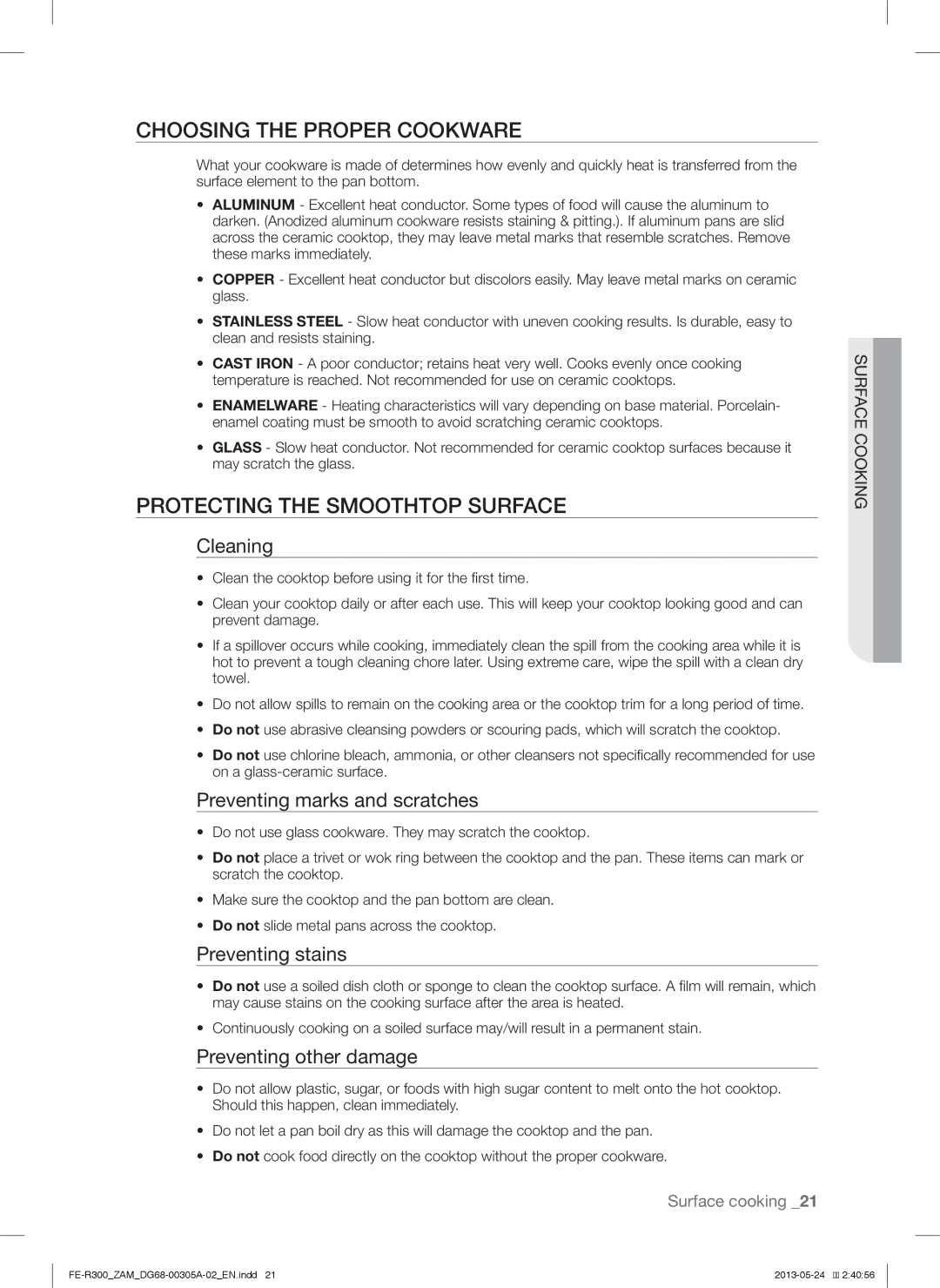 Samsung FE-R300SW/ZAM, FE-R300SX/ZAM manual Choosing the Proper Cookware, Protecting the Smoothtop Surface 