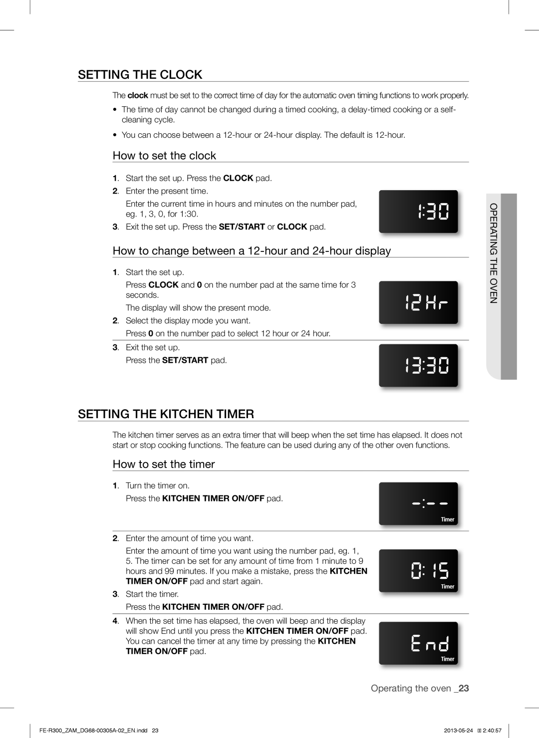 Samsung FE-R300SW/ZAM manual Setting the Clock, Setting the Kitchen Timer, How to set the clock, How to set the timer 