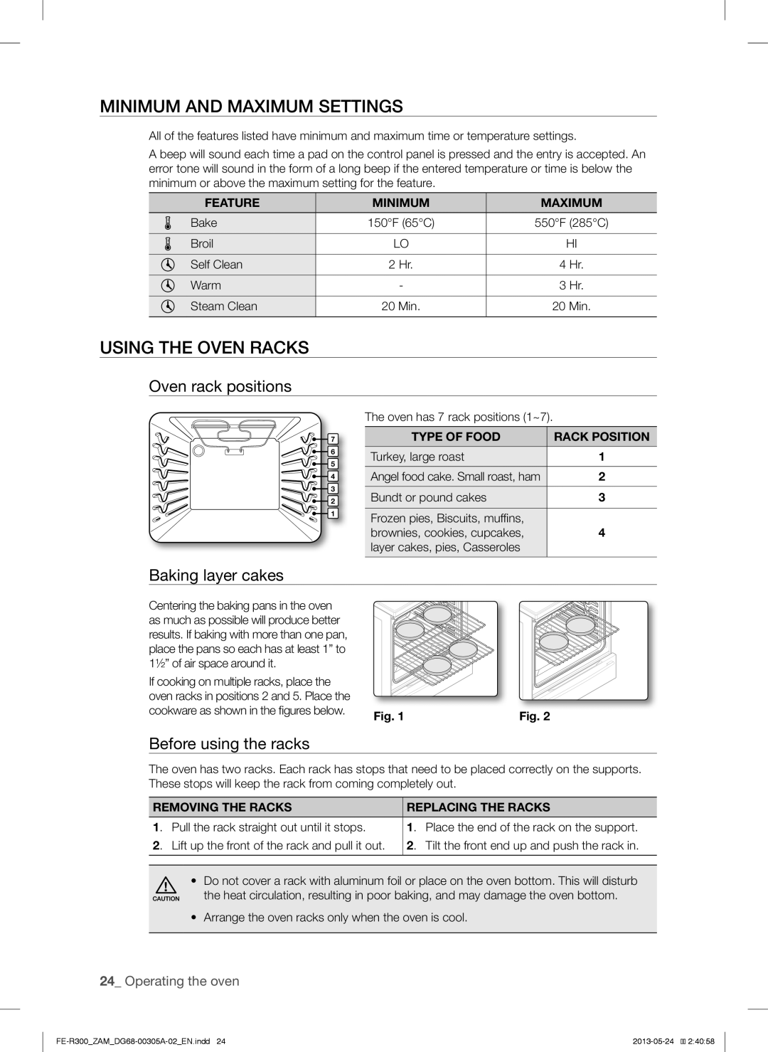 Samsung FE-R300SX/ZAM manual Minimum and Maximum Settings, Using the Oven Racks, Oven rack positions, Baking layer cakes 