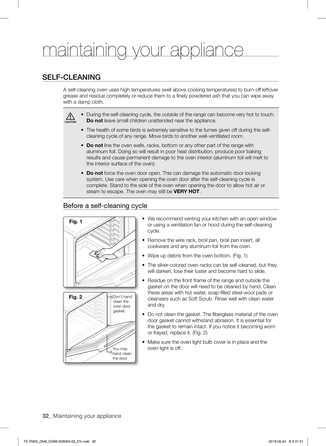 Samsung FE-R300SX/ZAM, FE-R300SW/ZAM manual Self-Cleaning, Before a self-cleaning cycle 