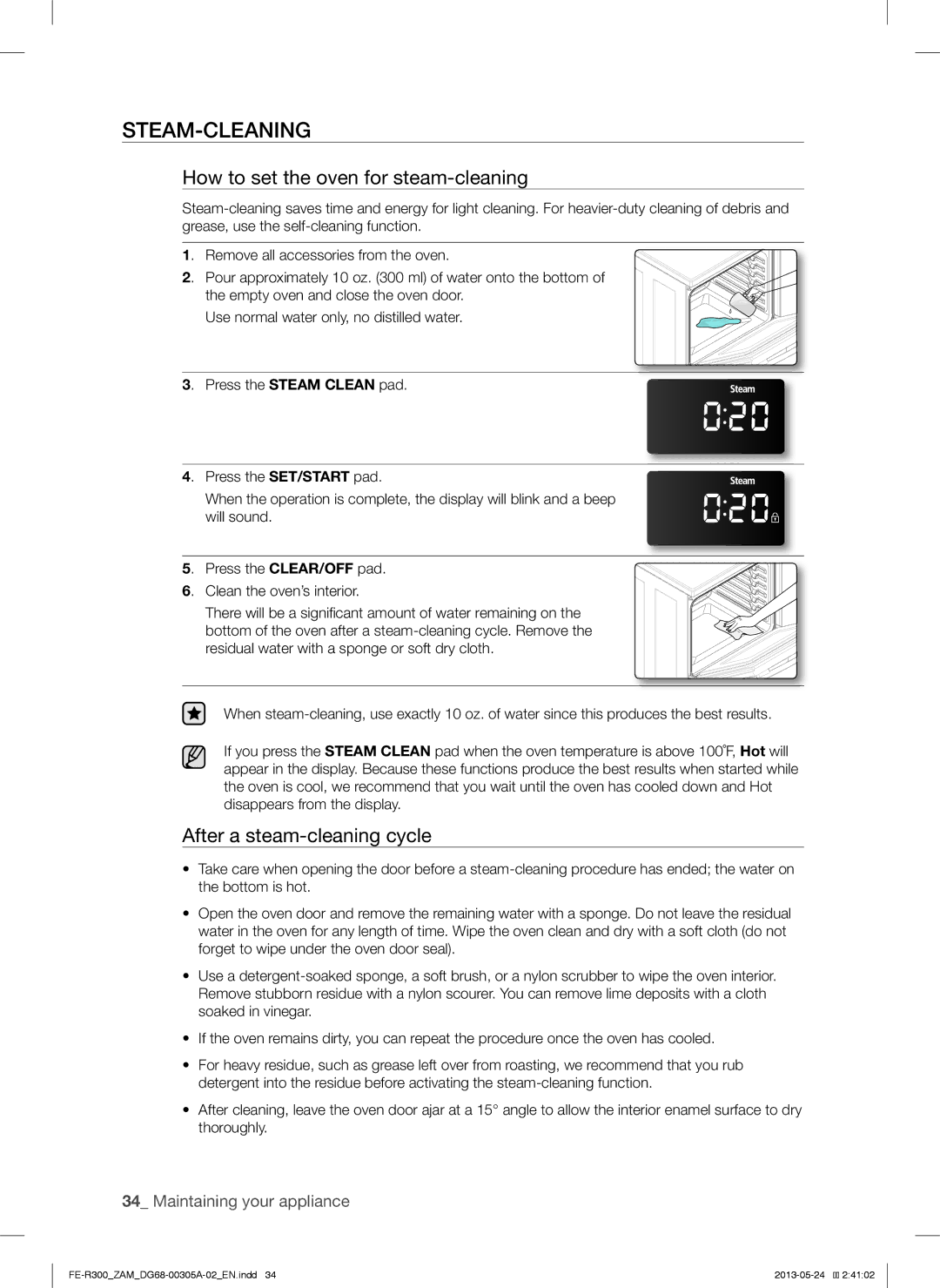 Samsung FE-R300SX/ZAM, FE-R300SW/ZAM Steam-Cleaning, How to set the oven for steam-cleaning, After a steam-cleaning cycle 