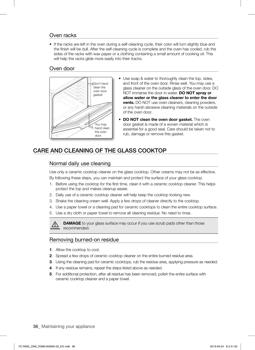 Samsung FE-R300SX/ZAM manual Care and Cleaning of the Glass Cooktop, Oven racks, Oven door, Normal daily use cleaning 