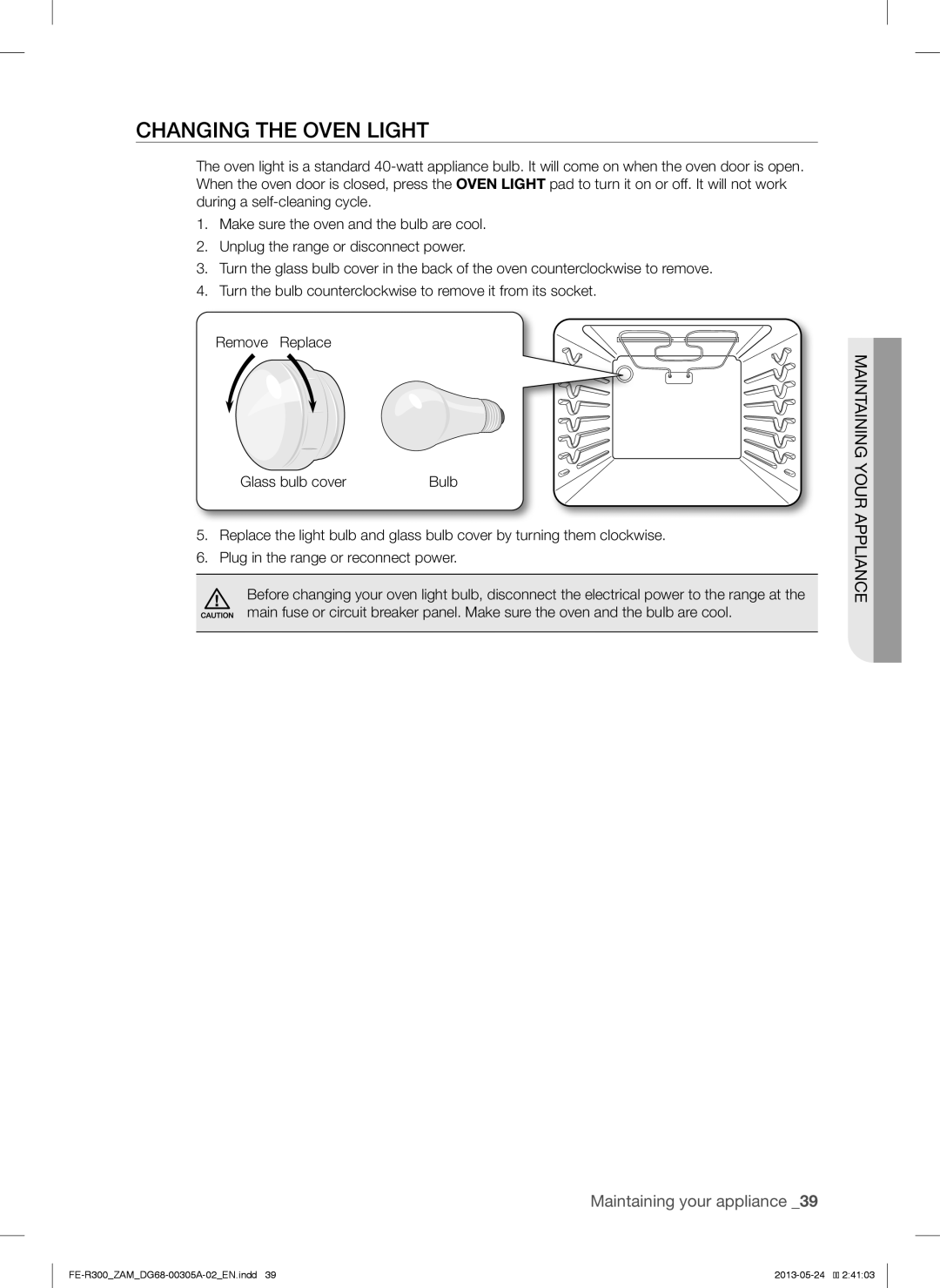 Samsung FE-R300SW/ZAM, FE-R300SX/ZAM manual Changing the Oven Light 