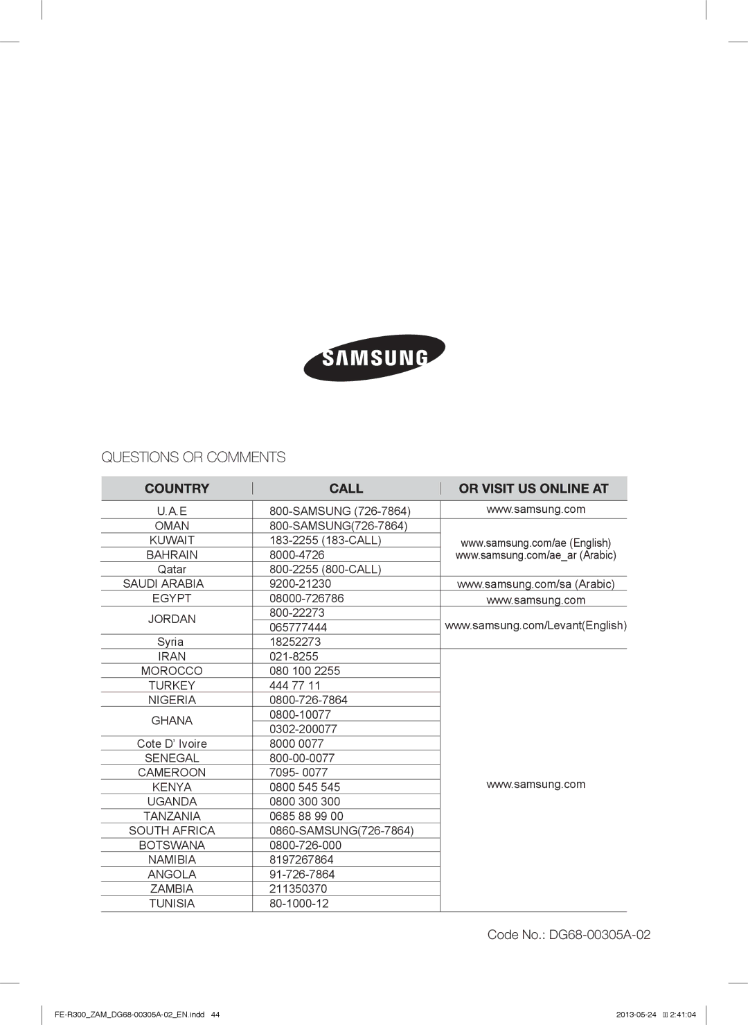 Samsung FE-R300SX/ZAM, FE-R300SW/ZAM manual Code No. DG68-00305A-02 