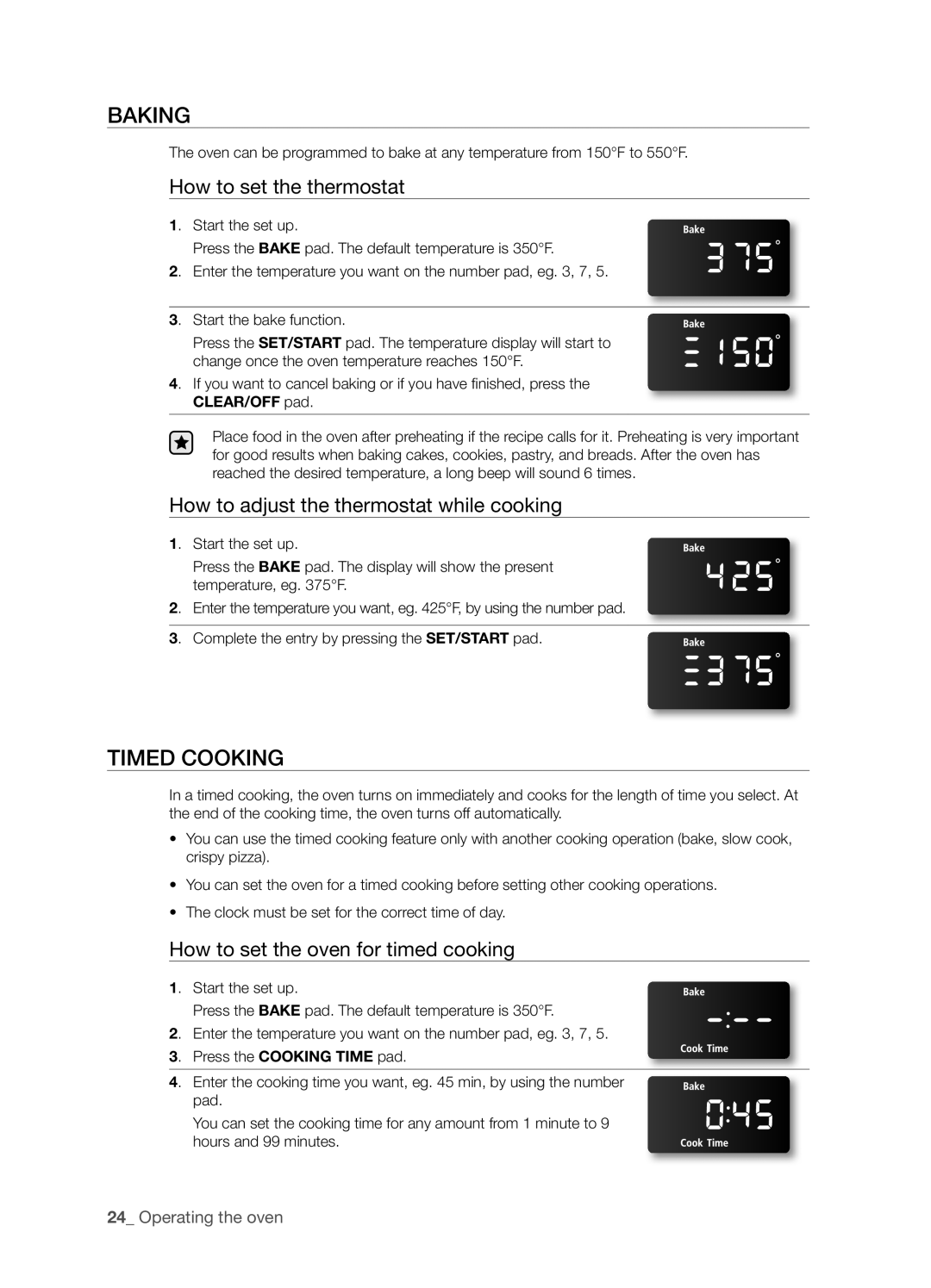 Samsung FE-R400SX, FE-R400SB Baking, Timed cooking, How to set the thermostat, How to adjust the thermostat while cooking 