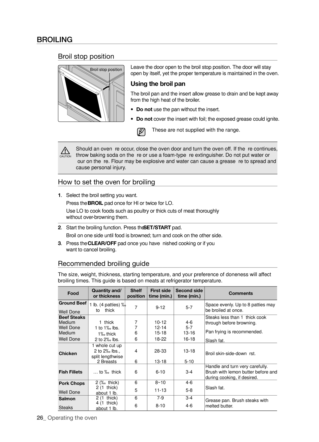 Samsung FE-R400SW, FE-R400SX Broiling, Broil stop position, How to set the oven for broiling, Recommended broiling guide 