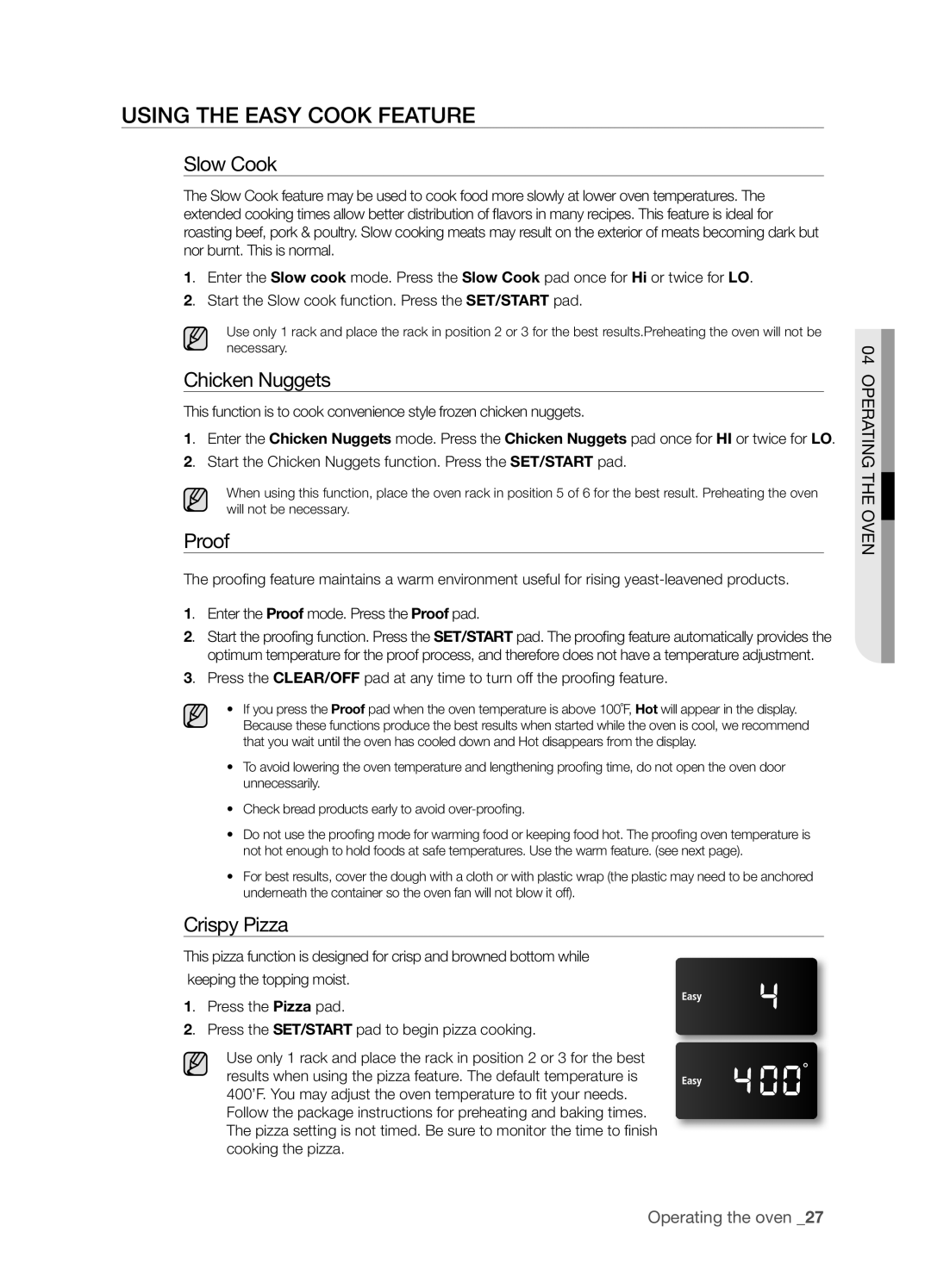 Samsung DG68-00297A, FE-R400SX, FE-R400SB Using the Easy Cook Feature, Slow Cook, Chicken Nuggets, Proof, Crispy Pizza 