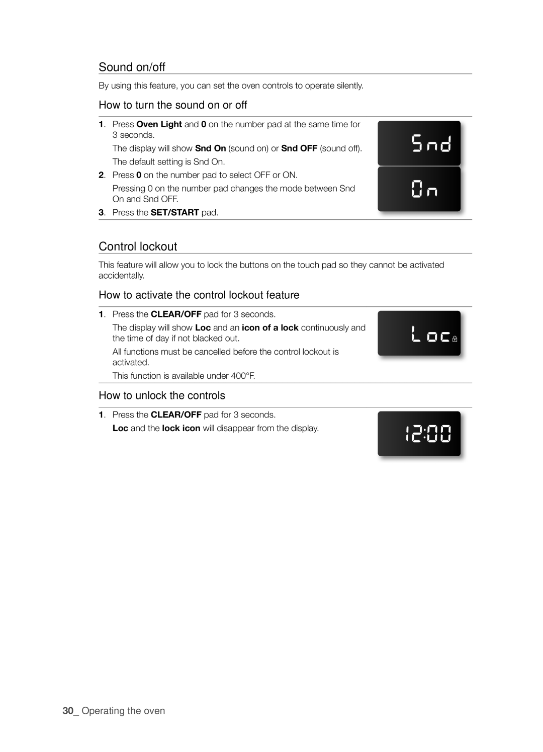 Samsung FE-R400SW, FE-R400SX, FE-R400SB, DG68-00297A user manual Sound on/off, Control lockout 