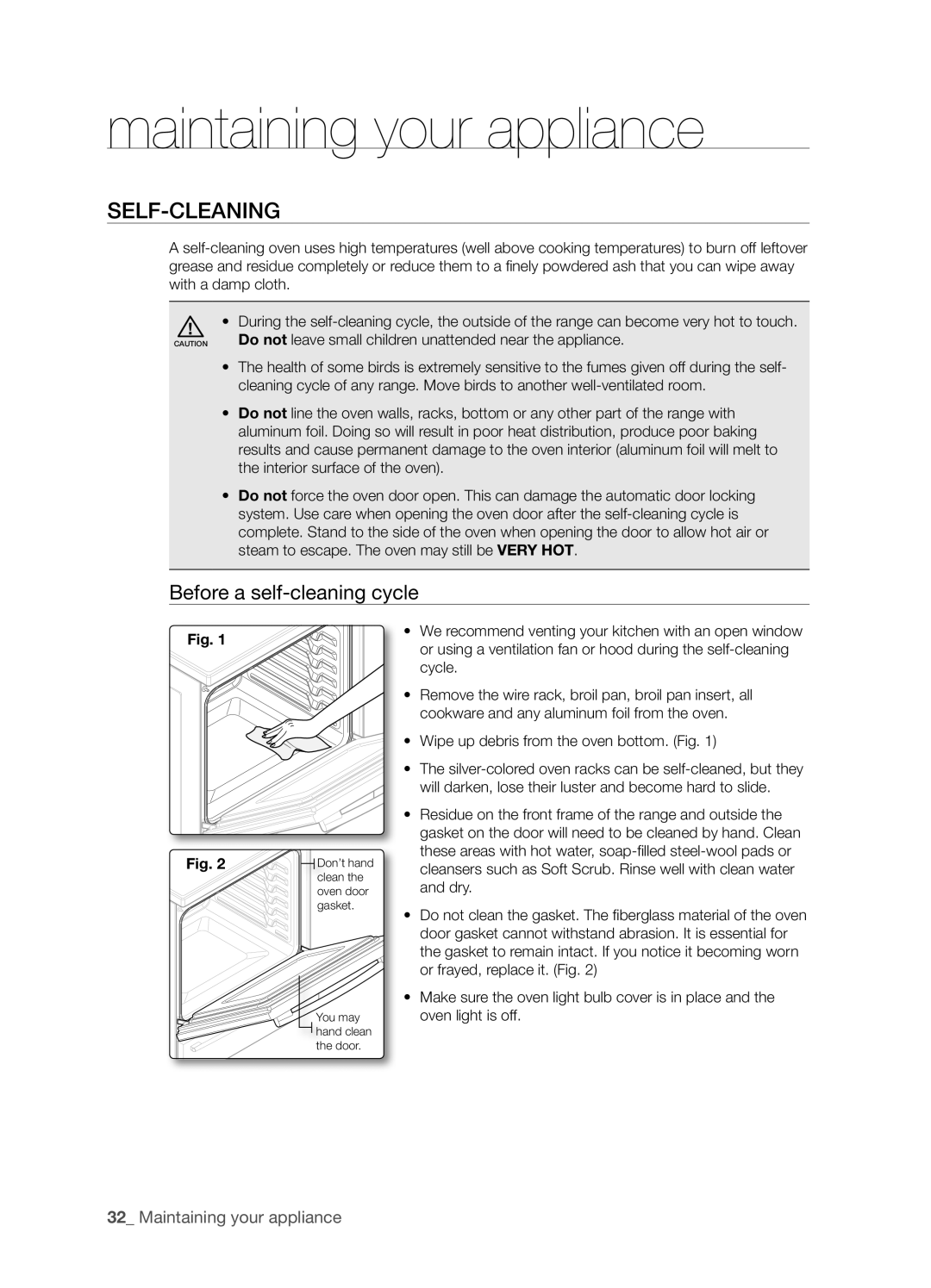 Samsung FE-R400SX, FE-R400SB, FE-R400SW, DG68-00297A Maintaining your appliance, Self-cleaning, Before a self-cleaning cycle 