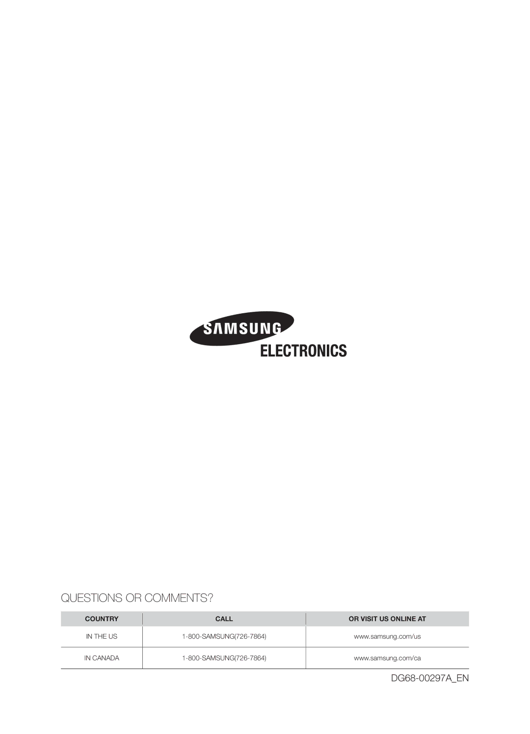 Samsung FE-R400SW, FE-R400SX, FE-R400SB, DG68-00297A user manual Questions or COMMENTS? 