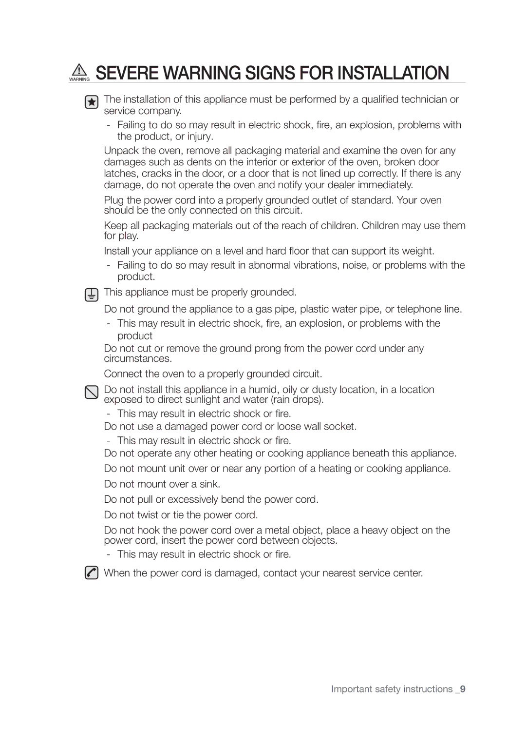 Samsung FE-R400SB, FE-R400SX, FE-R400SW, DG68-00297A user manual Important safety instructions 