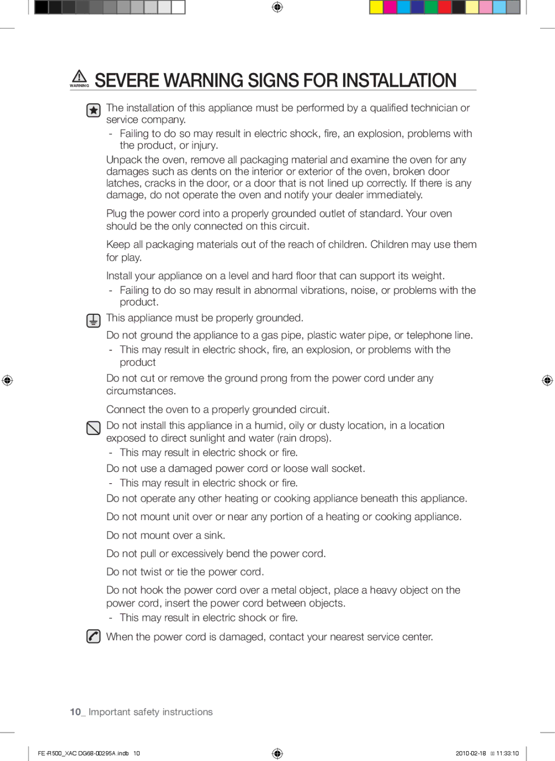 Samsung FE-R500_XAC, FE-R500WB, DG68-00295A user manual Important safety instructions 