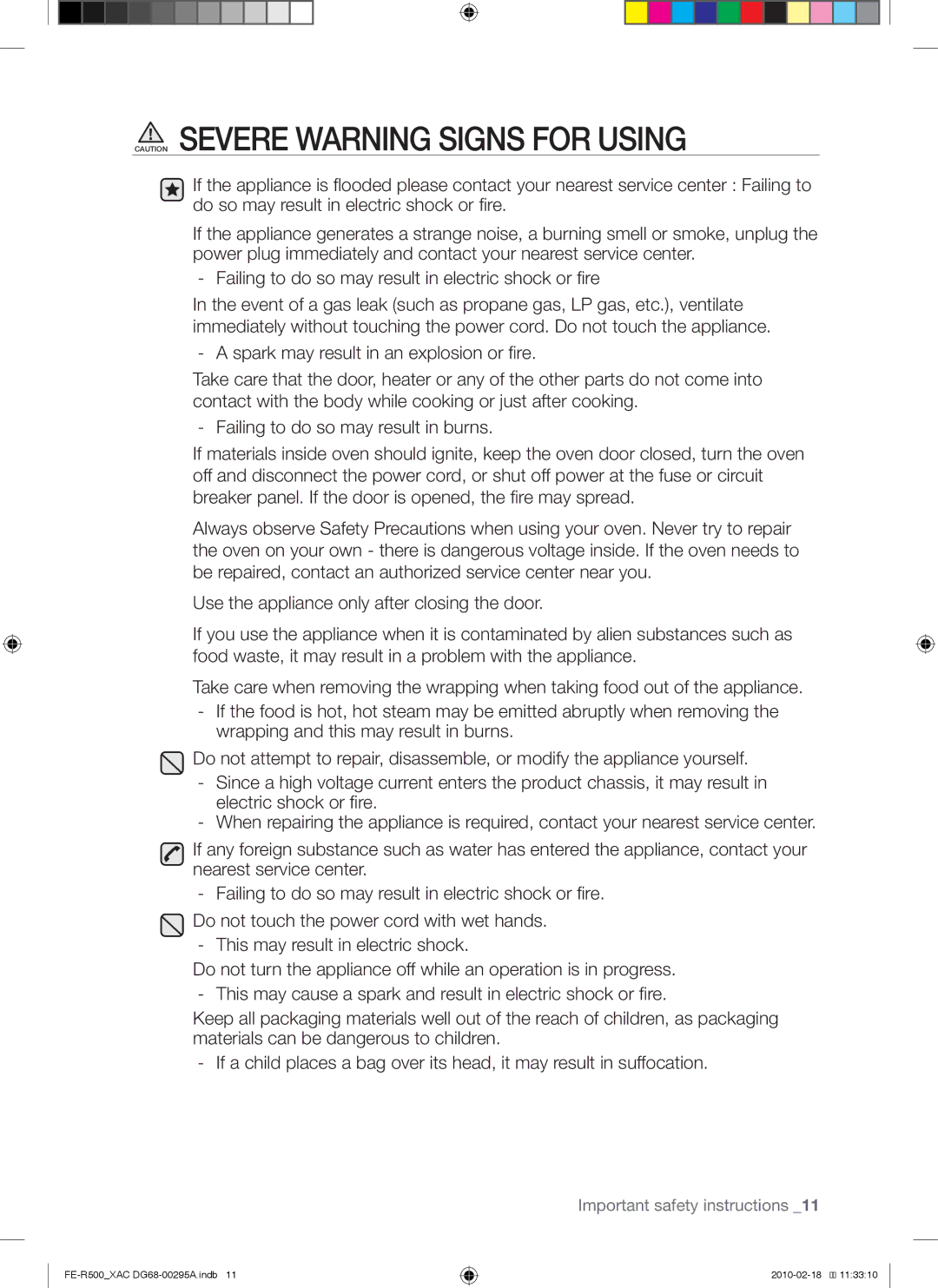 Samsung DG68-00295A, FE-R500WB, FE-R500_XAC user manual Important safety instructions 