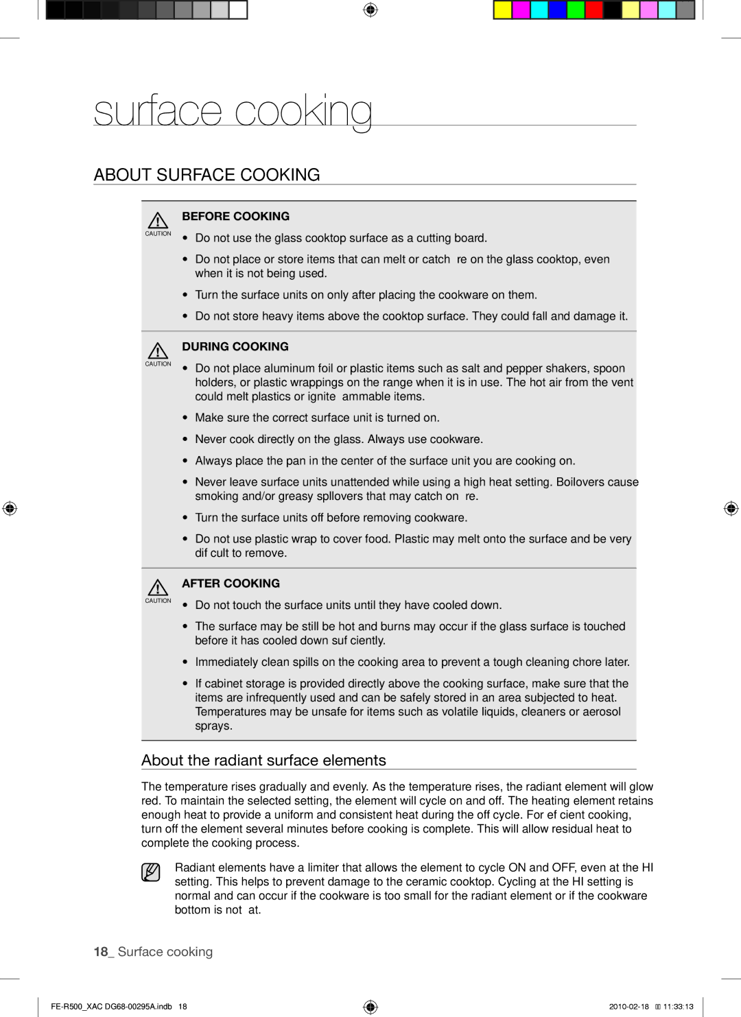 Samsung FE-R500_XAC, FE-R500WB, DG68-00295A Surface cooking, About surface cooking, About the radiant surface elements 