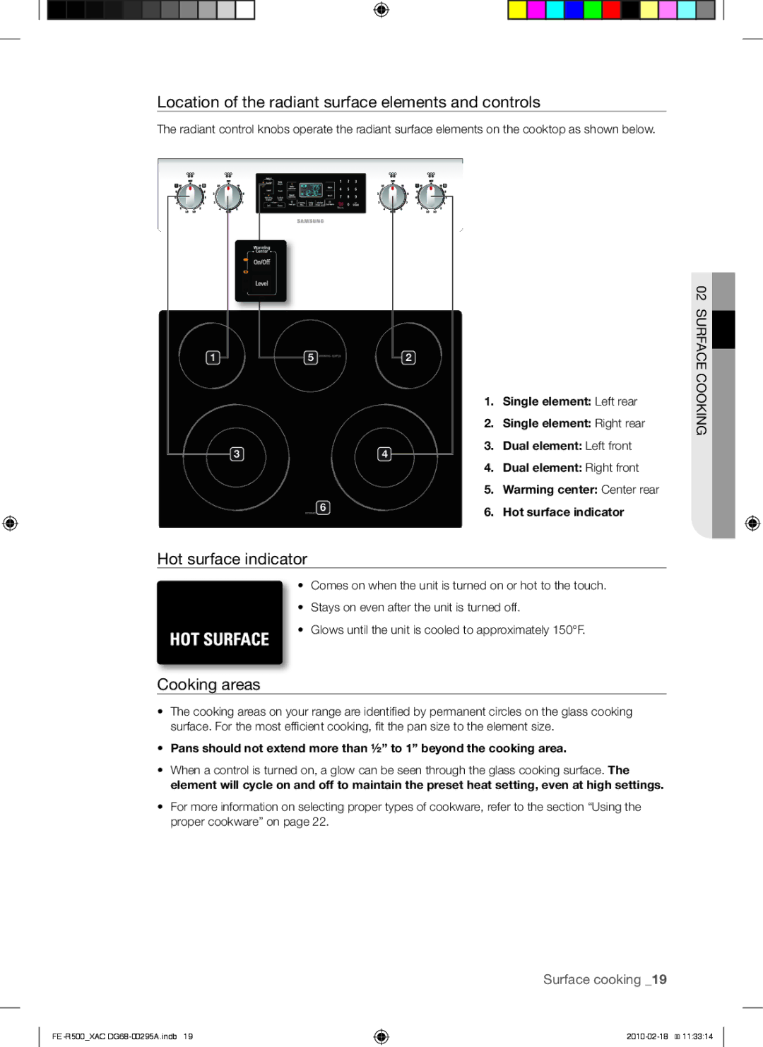 Samsung DG68-00295A, FE-R500WB Location of the radiant surface elements and controls, Hot surface indicator, Cooking areas 