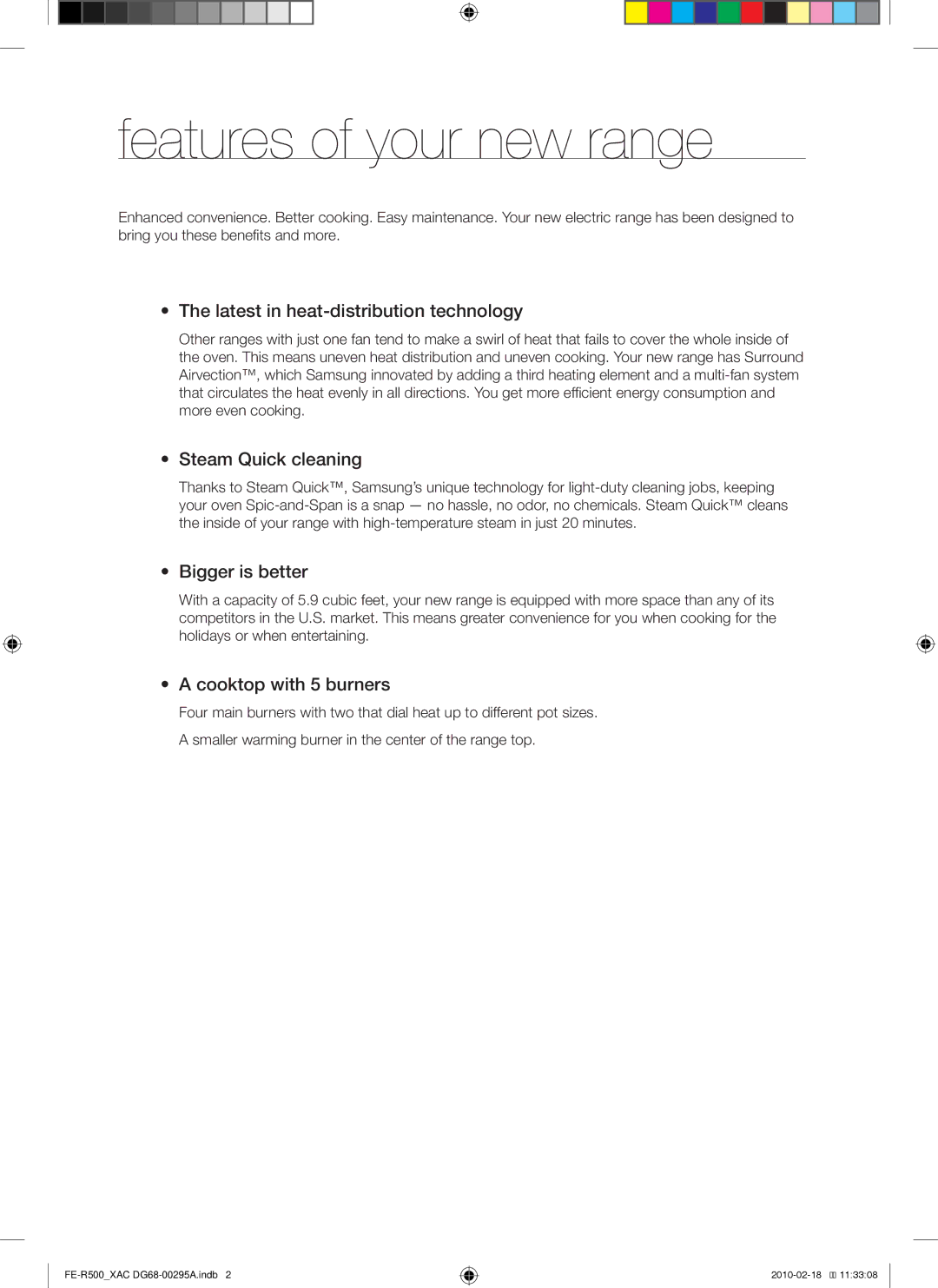 Samsung FE-R500_XAC, FE-R500WB, DG68-00295A user manual Features of your new range, Latest in heat-distribution technology 