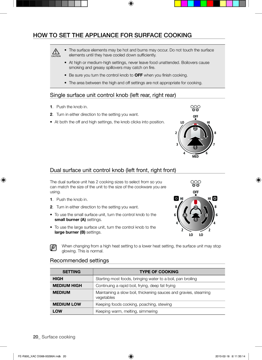 Samsung FE-R500WB How to set the appliance for surface cooking, Single surface unit control knob left rear, right rear 