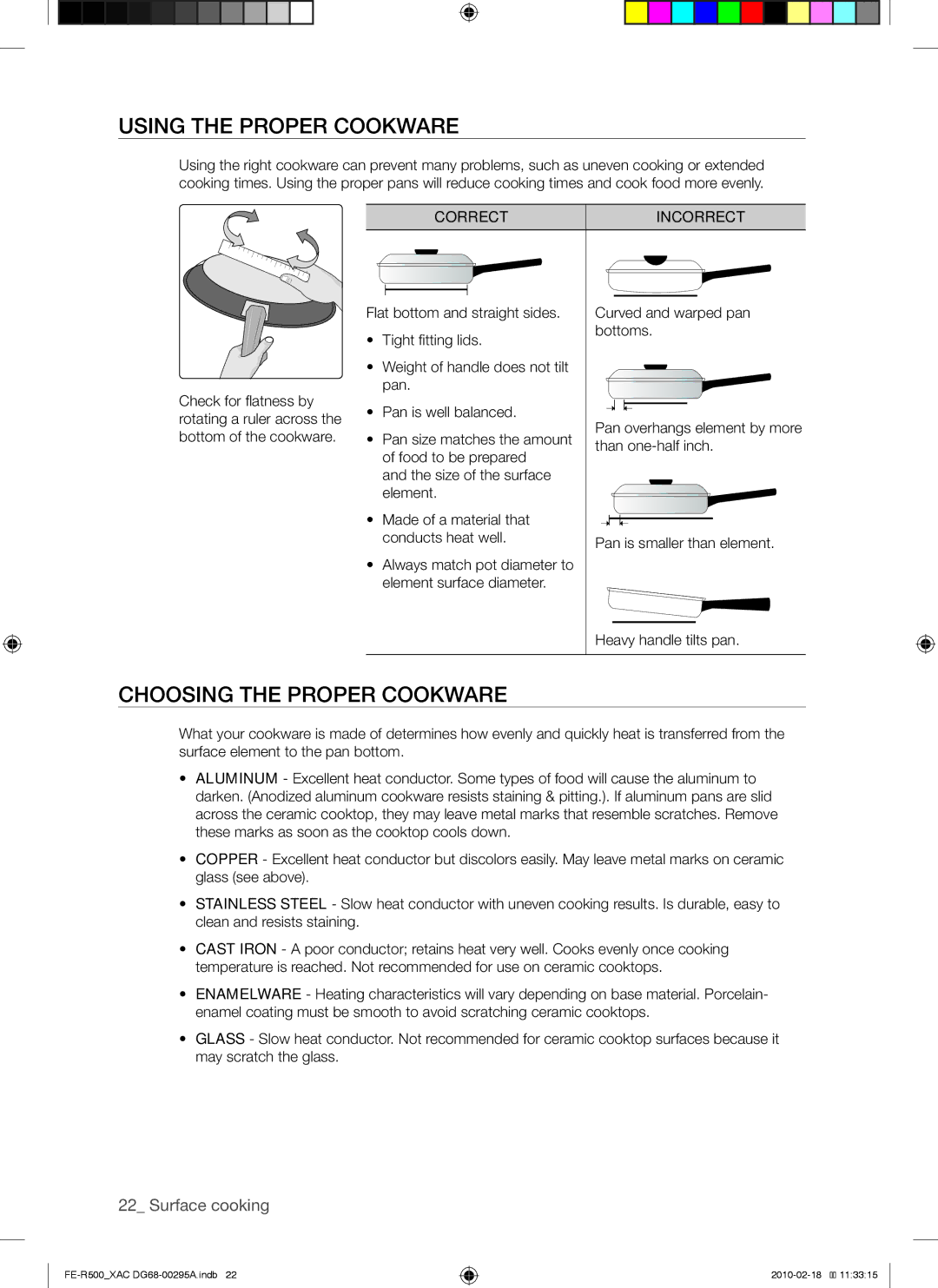 Samsung FE-R500_XAC, FE-R500WB, DG68-00295A Using the proper cookware, Choosing the proper cookware, Correct Incorrect 