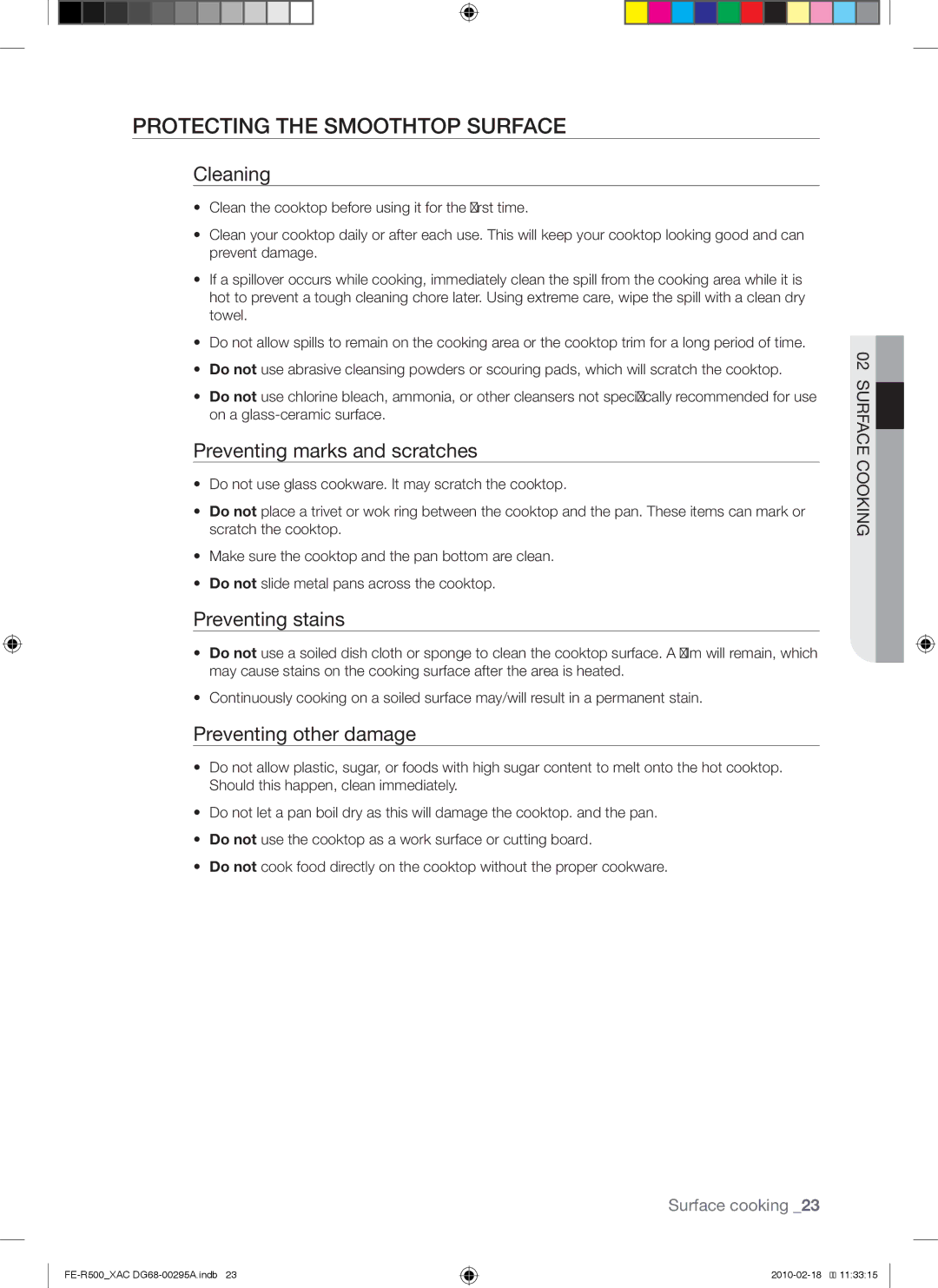 Samsung DG68-00295A, FE-R500 Protecting the smoothtop surface, Cleaning, Preventing marks and scratches, Preventing stains 