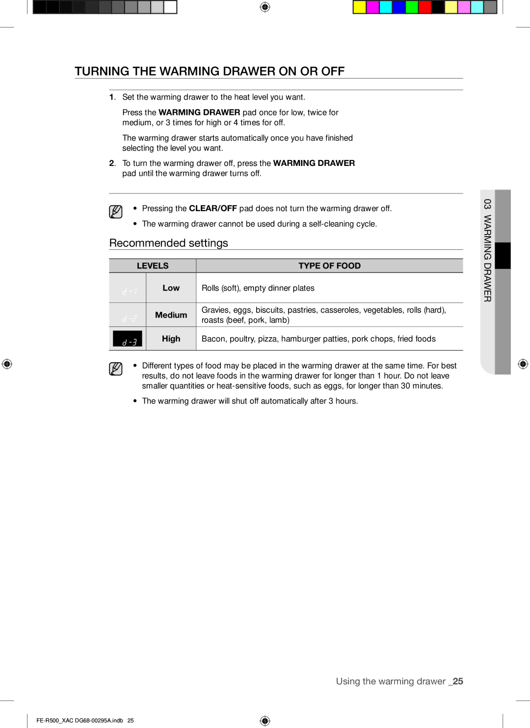 Samsung FE-R500 Turning the warming drawer on or off, Levels Type of Food, Low Rolls soft, empty dinner plates Medium 