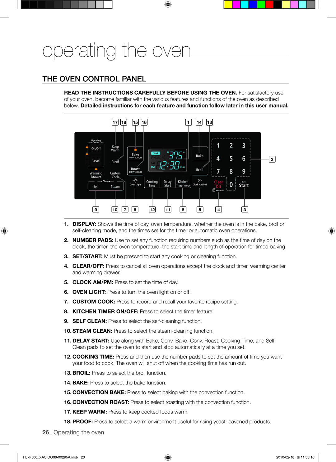 Samsung FE-R500_XAC, FE-R500WB, DG68-00295A user manual Operating the oven, Oven control panel 