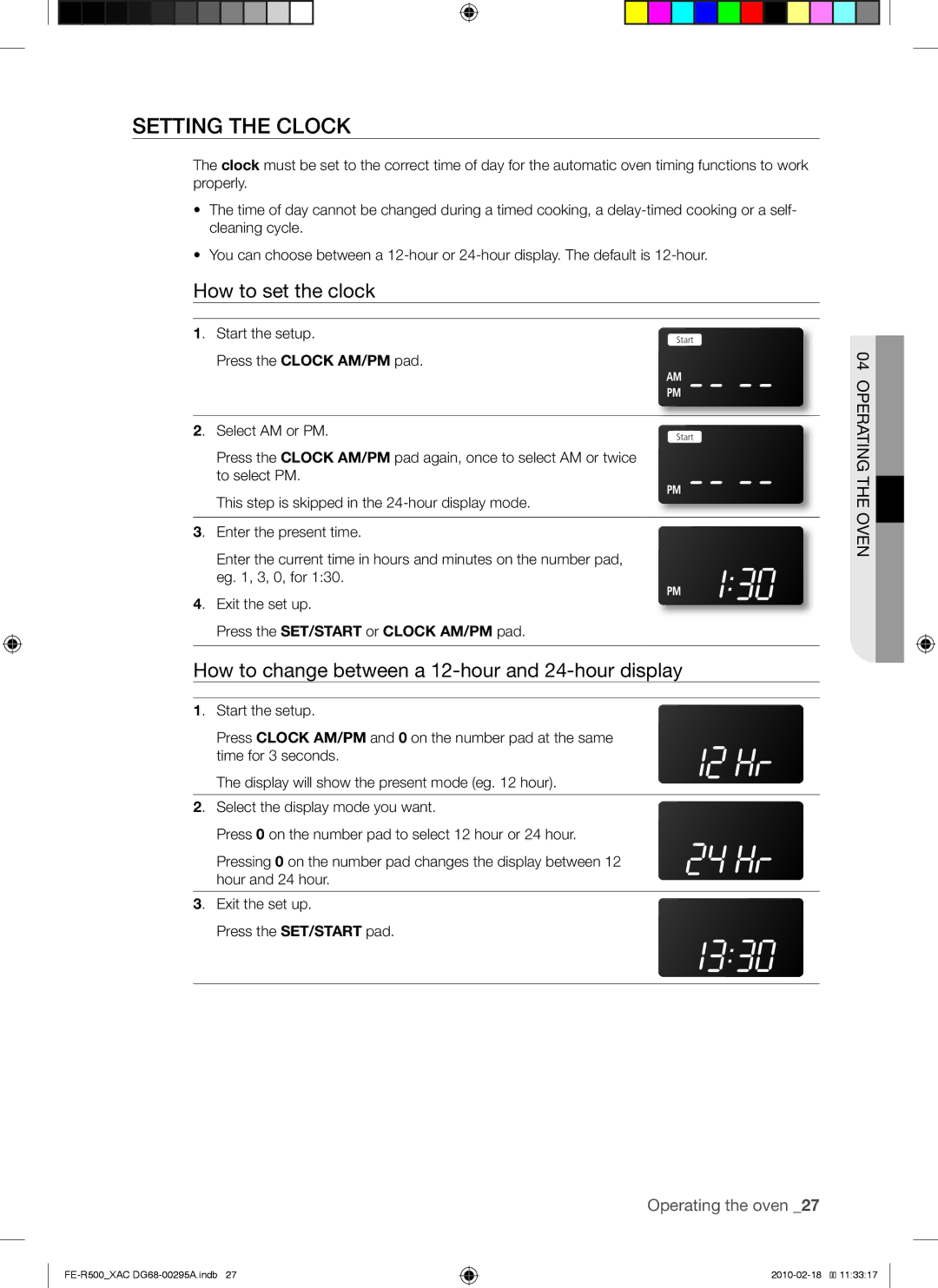 Samsung DG68-00295A, FE-R500 Setting the clock, How to set the clock, How to change between a 12-hour and 24-hour display 