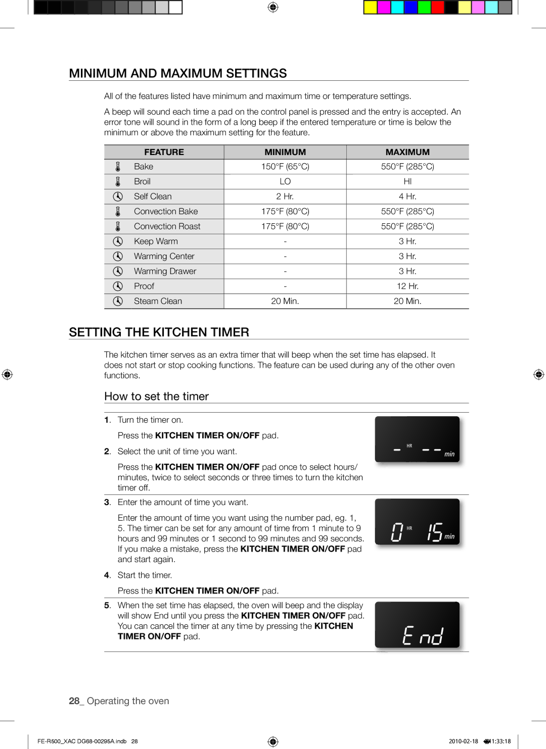 Samsung FE-R500WB Minimum and maximum settings, Setting the kitchen timer, How to set the timer, Feature Minimum Maximum 