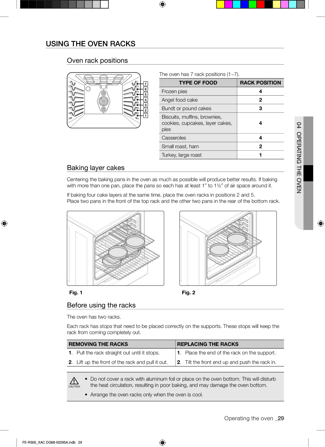 Samsung FE-R500WB, FE-R500_XAC Using the oven racks, Oven rack positions, Baking layer cakes, Before using the racks 