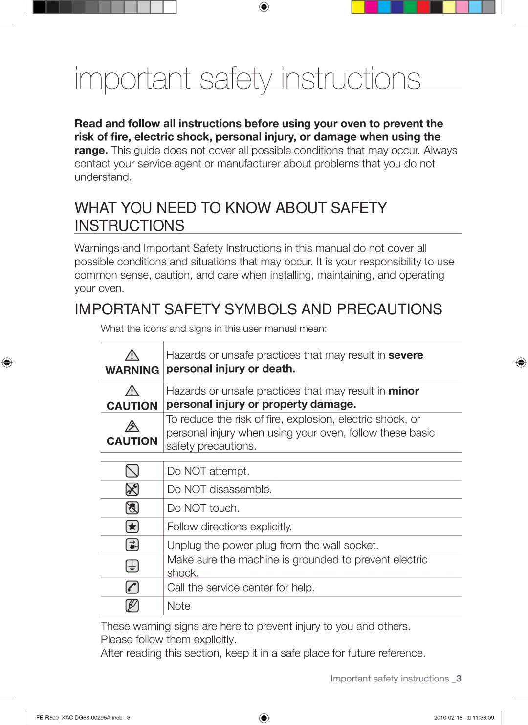 Samsung DG68-00295A, FE-R500WB, FE-R500_XAC user manual Important safety instructions, Safety precautions 