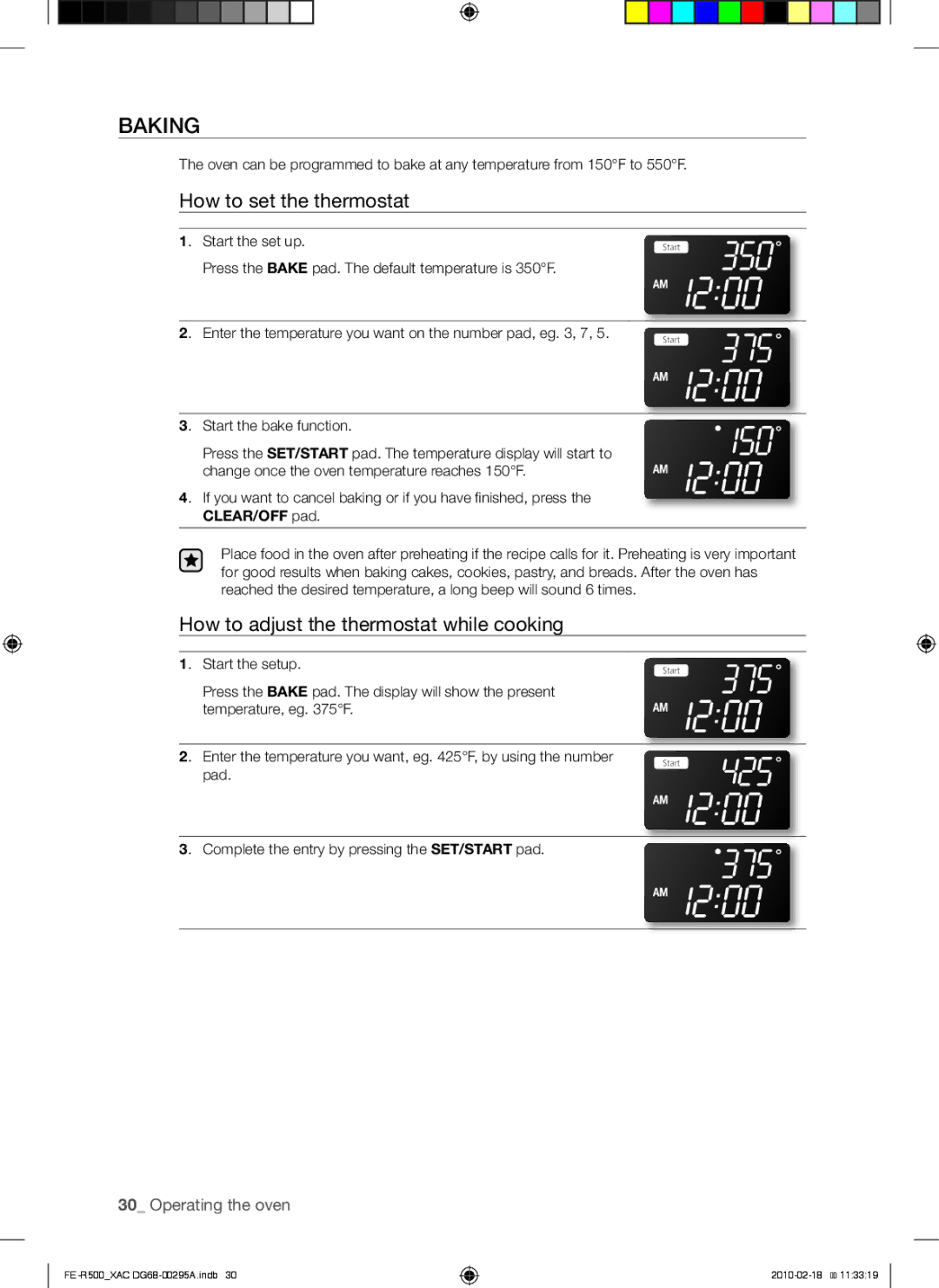 Samsung FE-R500_XAC, FE-R500WB, DG68-00295A Baking, How to set the thermostat, How to adjust the thermostat while cooking 