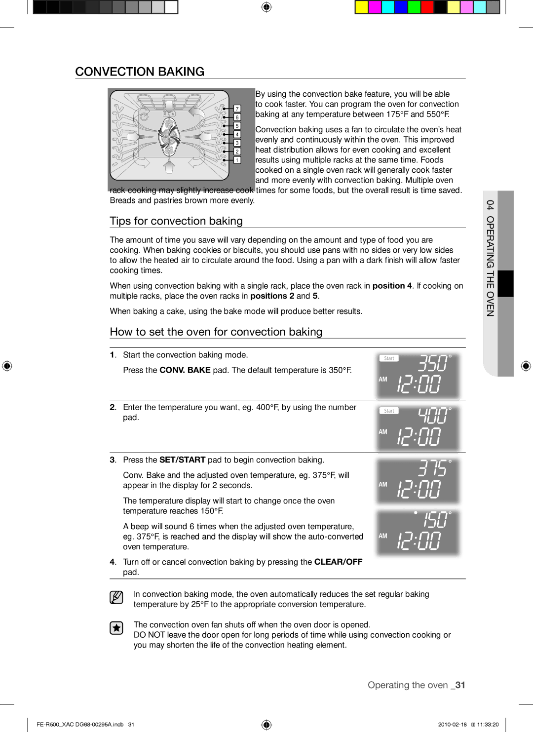 Samsung DG68-00295A, FE-R500WB Convection baking, Tips for convection baking, How to set the oven for convection baking 