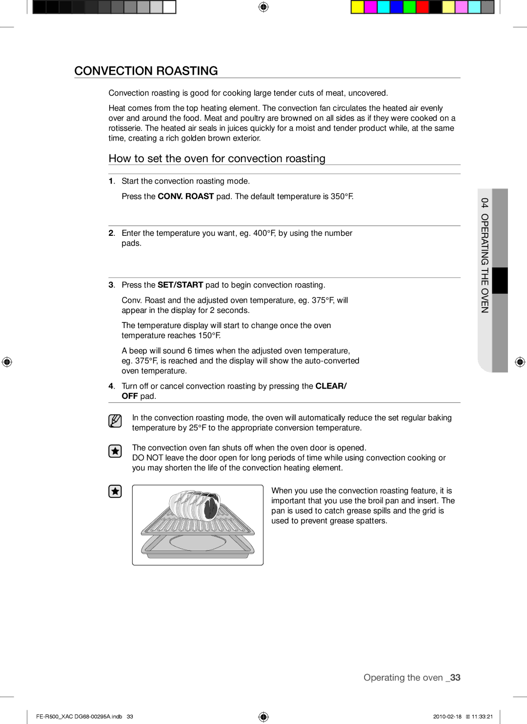 Samsung FE-R500WB, FE-R500_XAC, DG68-00295A user manual Convection roasting, How to set the oven for convection roasting 