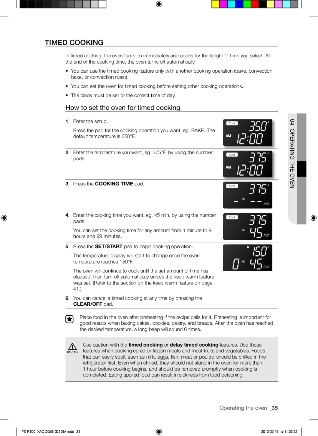 Samsung DG68-00295A, FE-R500WB, FE-R500_XAC user manual Timed cooking, How to set the oven for timed cooking 