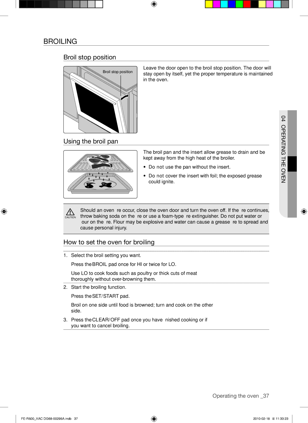 Samsung FE-R500WB, FE-R500_XAC Broiling, Broil stop position, Using the broil pan, How to set the oven for broiling 