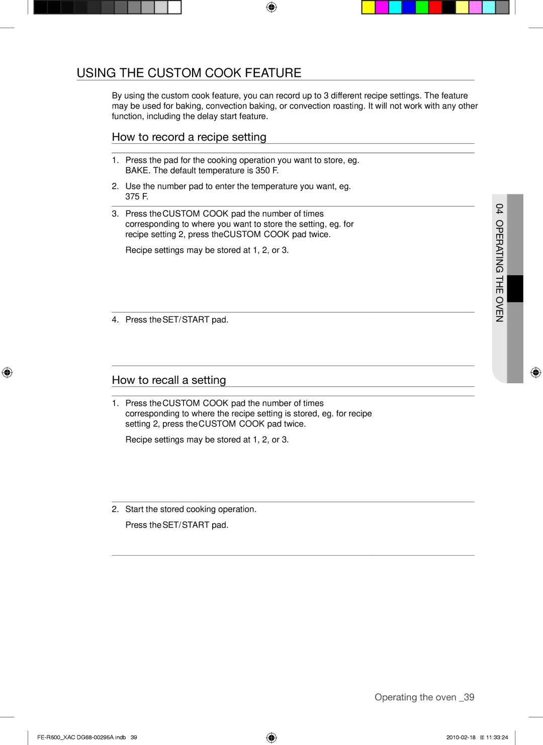 Samsung DG68-00295A, FE-R500WB Using the custom cook feature, How to record a recipe setting, How to recall a setting 