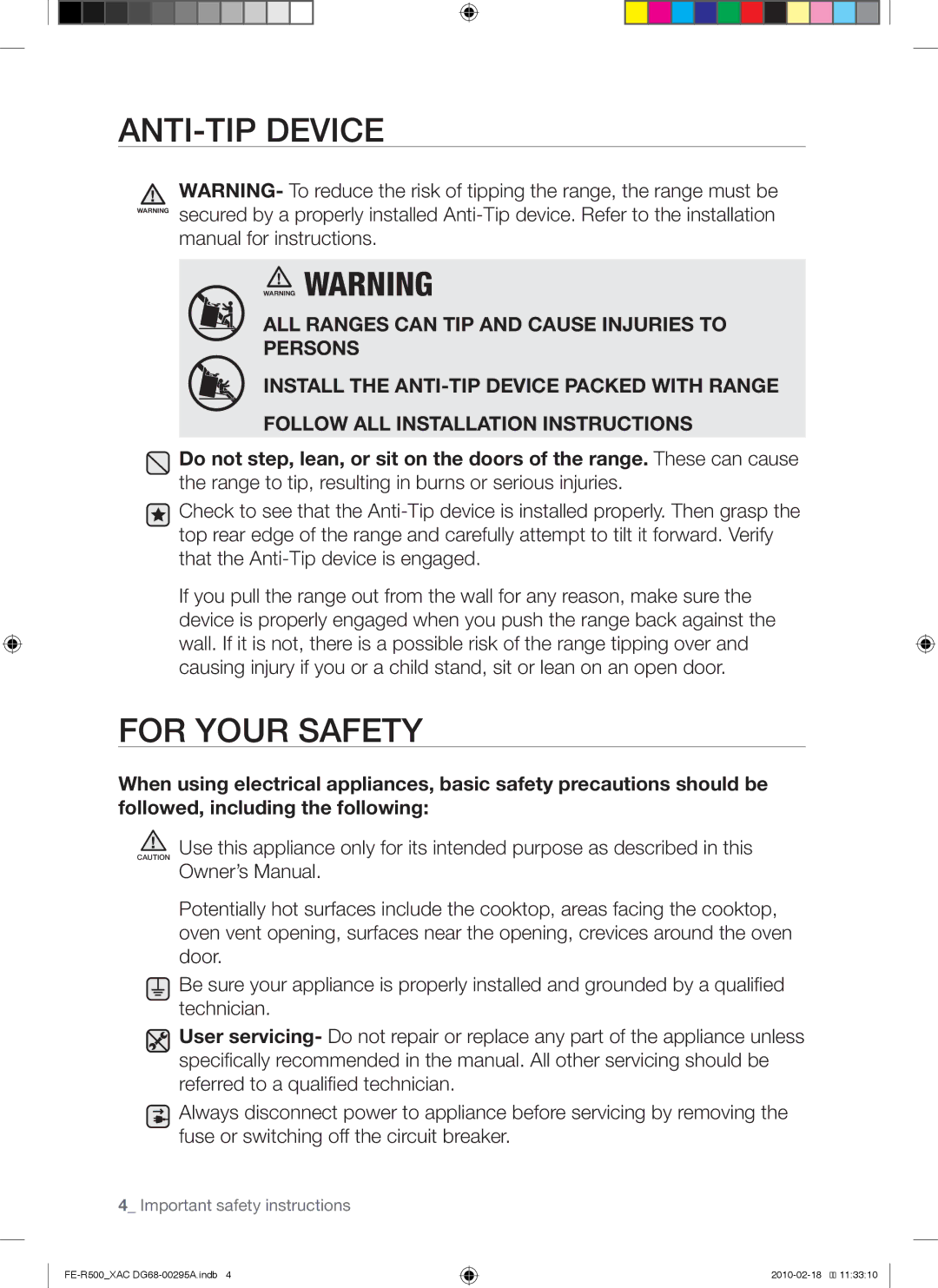 Samsung FE-R500WB, FE-R500_XAC, DG68-00295A user manual ANTI-TIP Device, Manual for instructions 