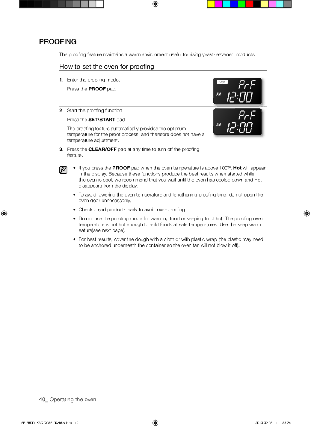 Samsung FE-R500WB, FE-R500_XAC, DG68-00295A user manual Proofing, How to set the oven for proofing 