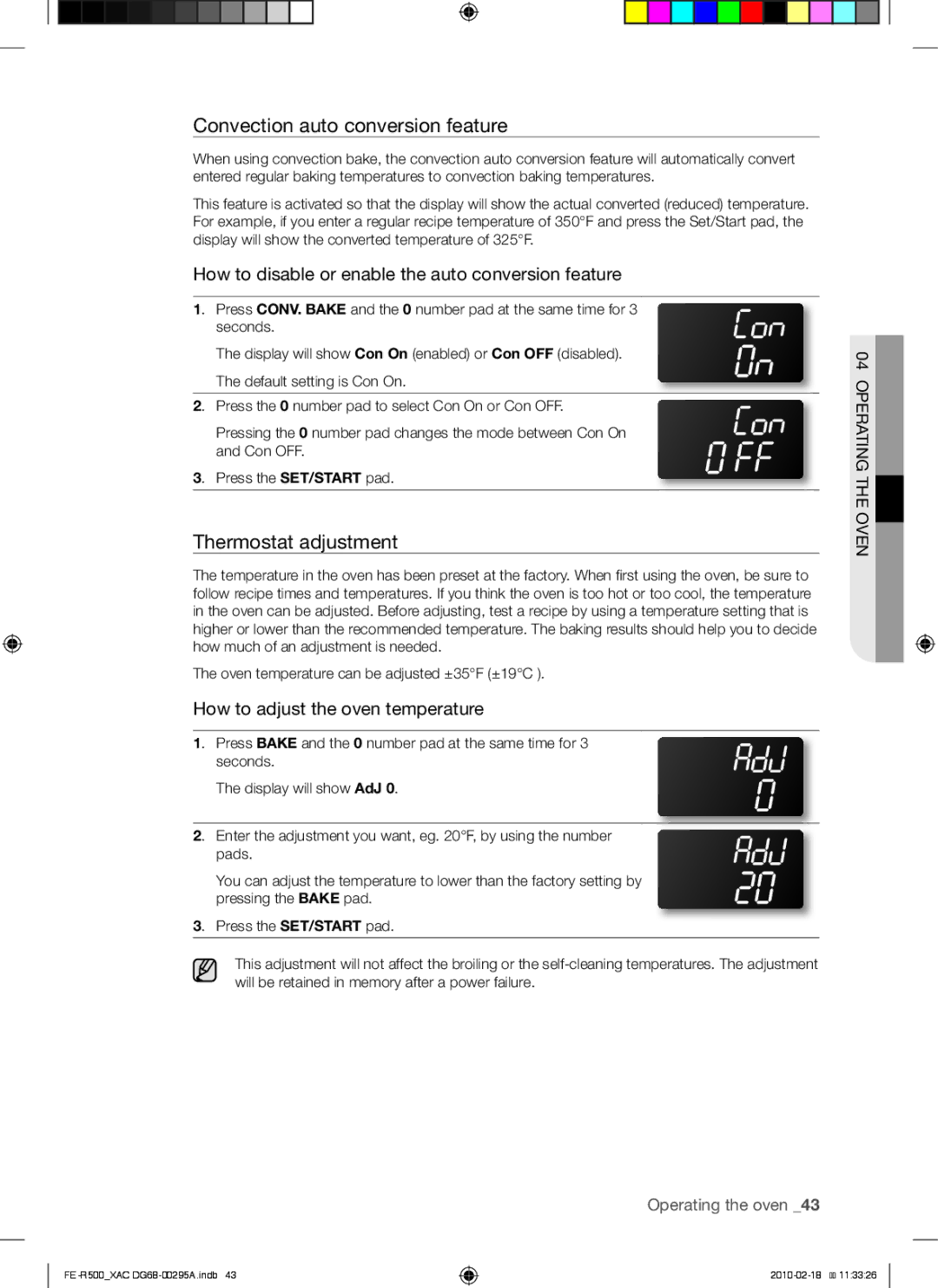 Samsung DG68-00295A, FE-R500WB, FE-R500_XAC user manual Convection auto conversion feature, Thermostat adjustment 