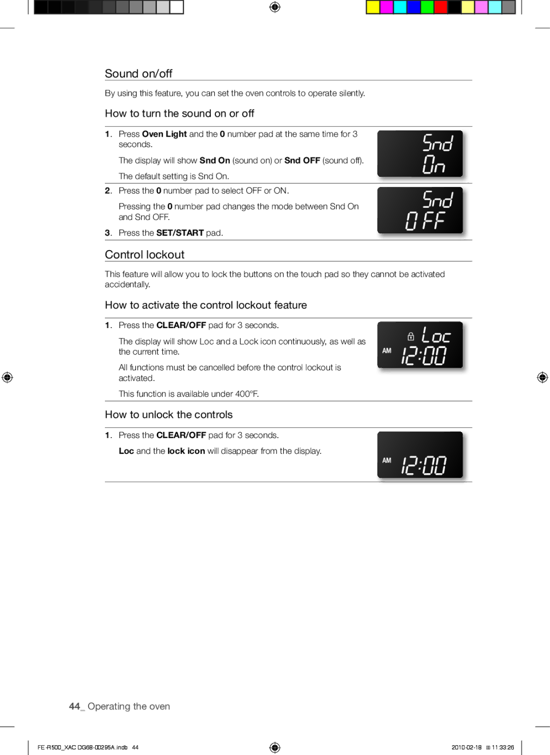 Samsung FE-R500WB, FE-R500_XAC, DG68-00295A user manual Sound on/off, Control lockout 