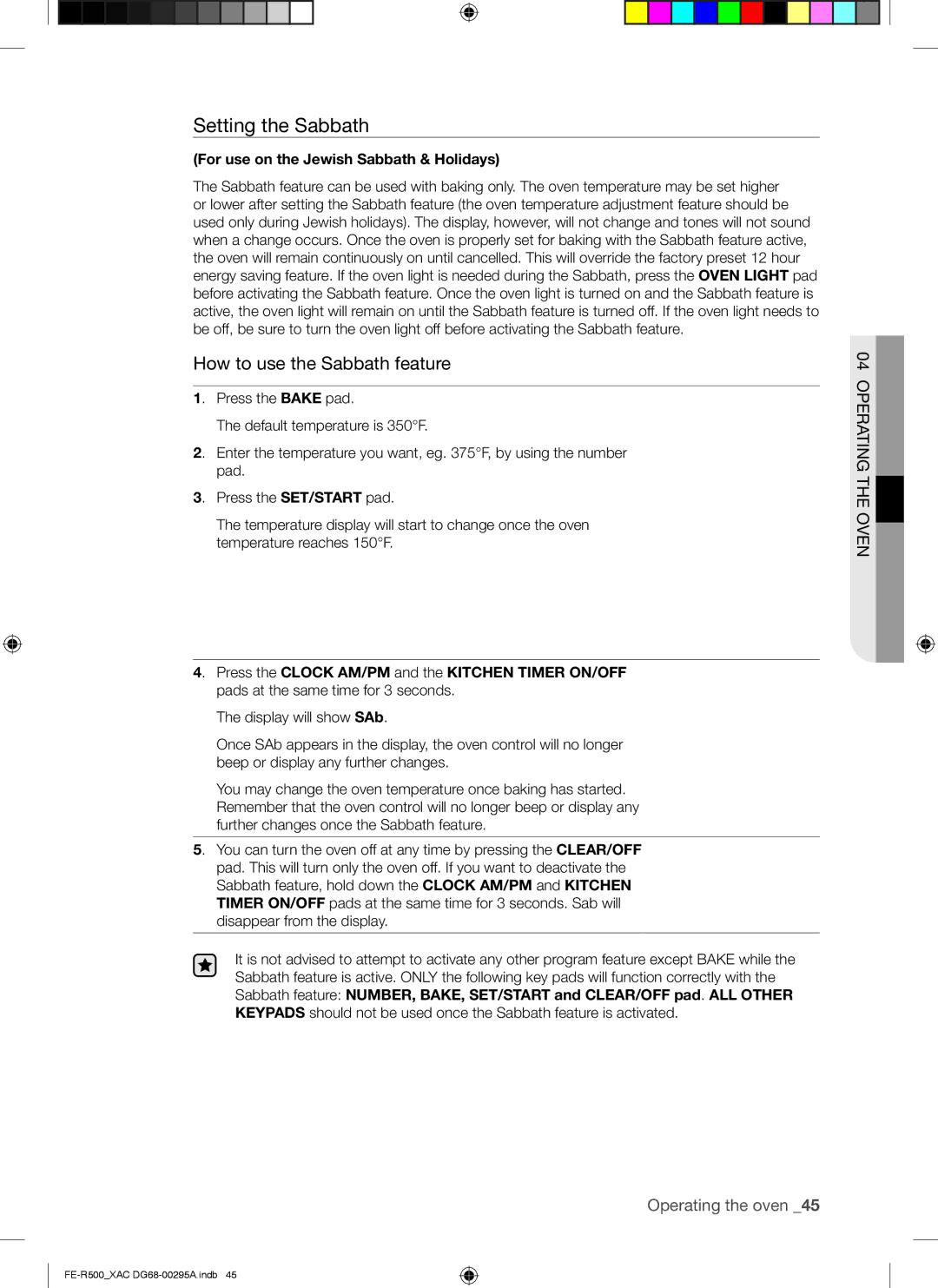 Samsung FE-R500WB, FE-R500_XAC, DG68-00295A user manual Setting the Sabbath, For use on the Jewish Sabbath & Holidays 