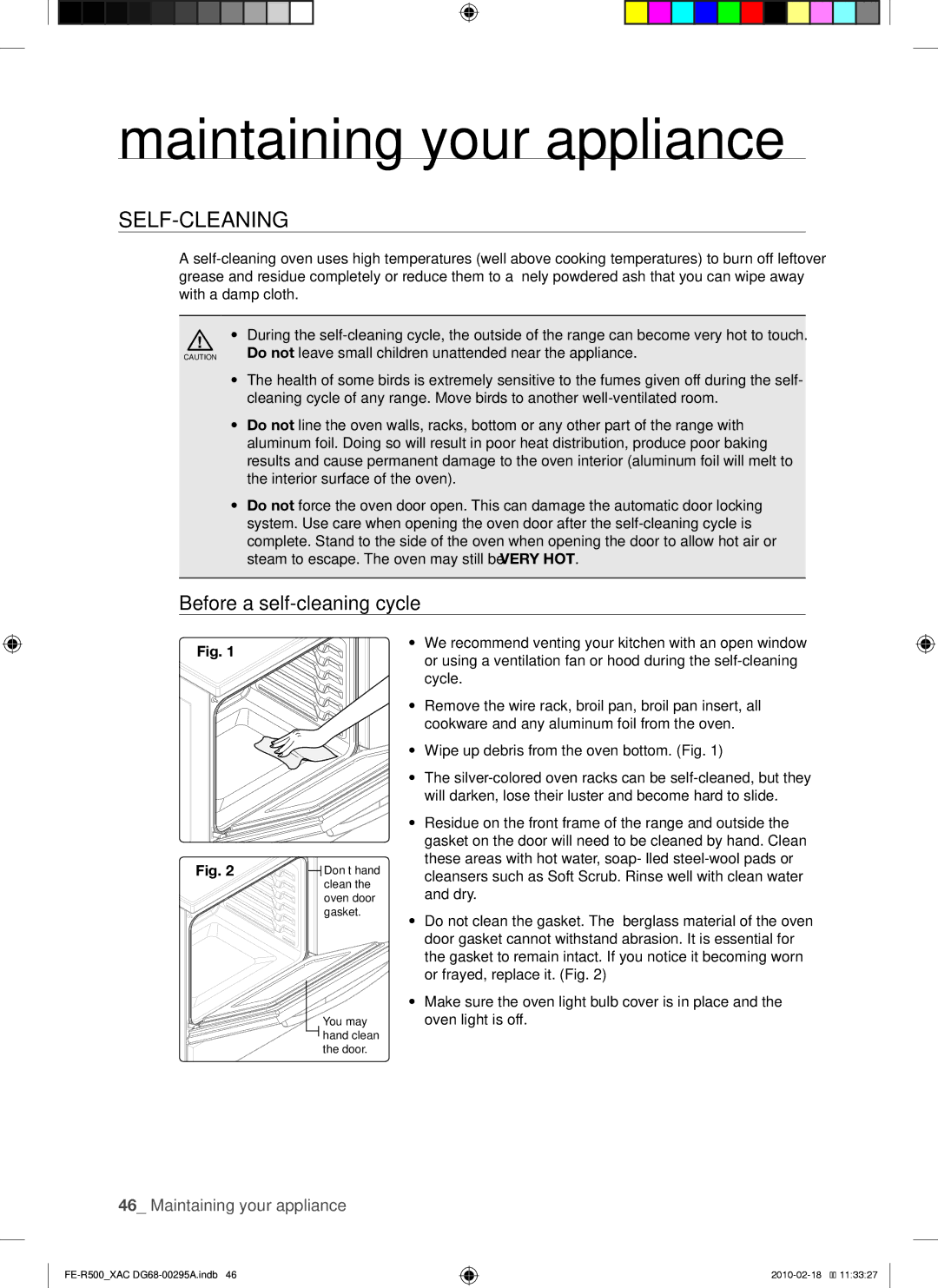 Samsung FE-R500_XAC, FE-R500WB, DG68-00295A Maintaining your appliance, Self-cleaning, Before a self-cleaning cycle 