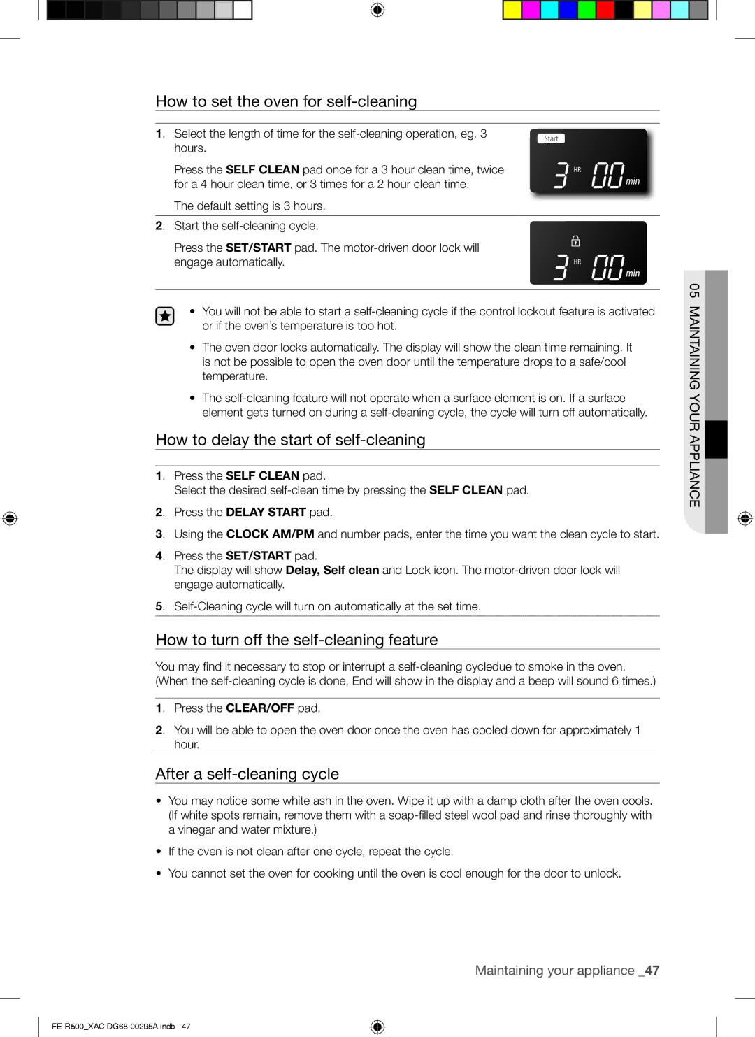 Samsung DG68-00295A, FE-R500WB, FE-R500_XAC How to set the oven for self-cleaning, How to delay the start of self-cleaning 