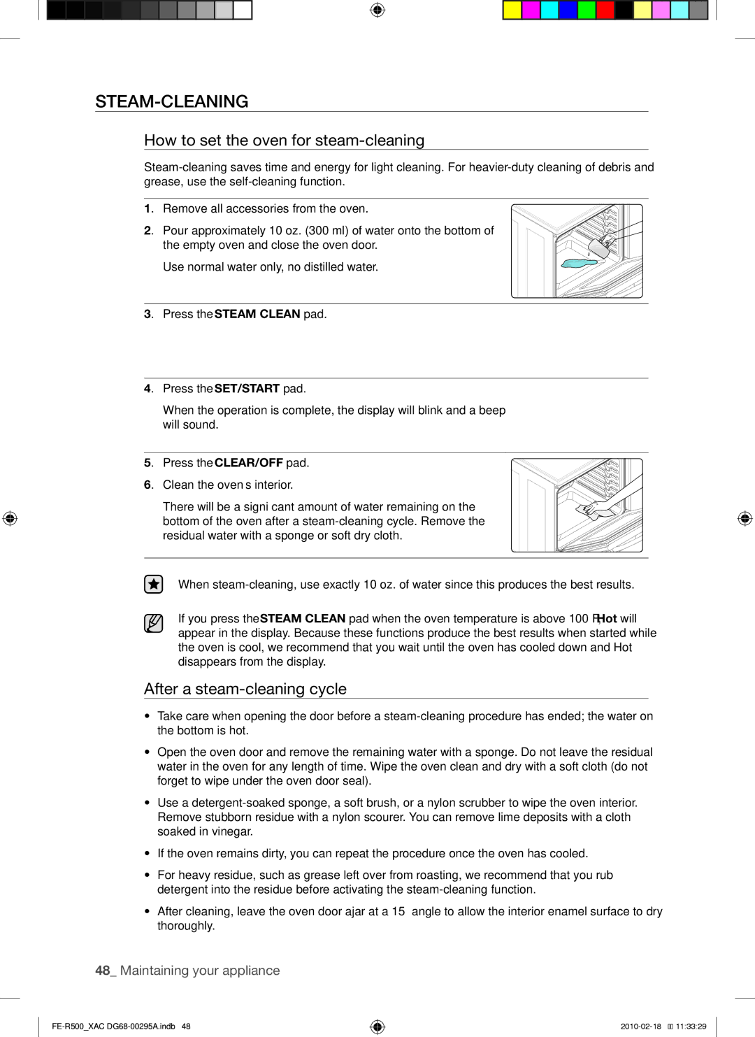 Samsung FE-R500WB, FE-R500_XAC Steam-cleaning, How to set the oven for steam-cleaning, After a steam-cleaning cycle 