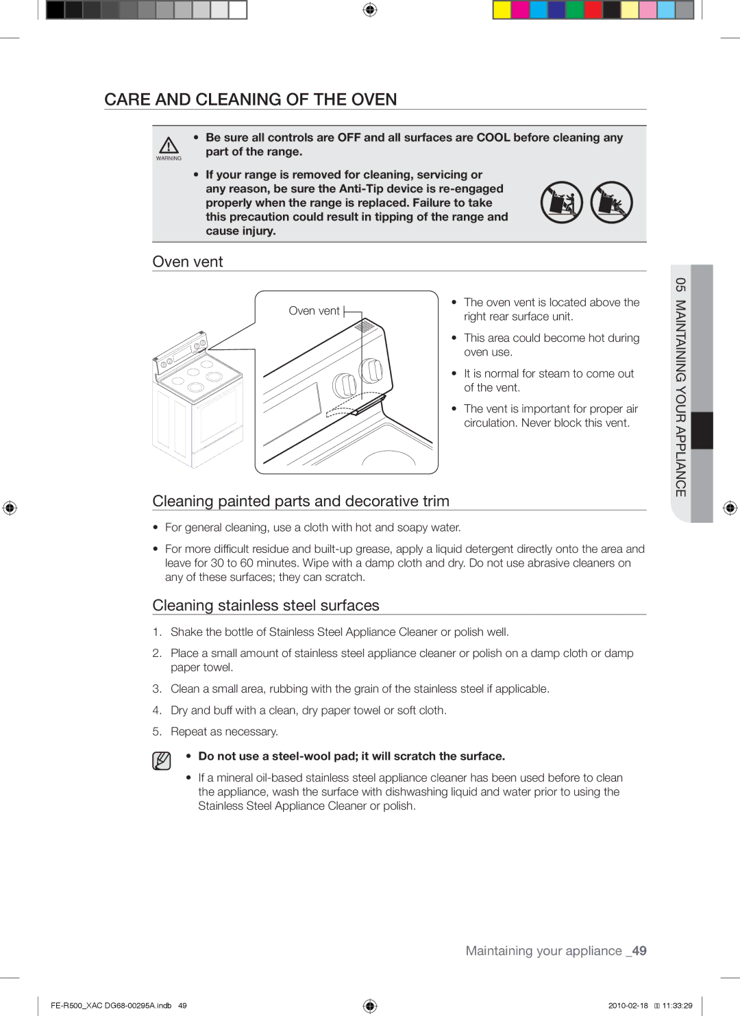 Samsung FE-R500WB, FE-R500_XAC Care and cleaning of the oven, Oven vent, Cleaning painted parts and decorative trim 