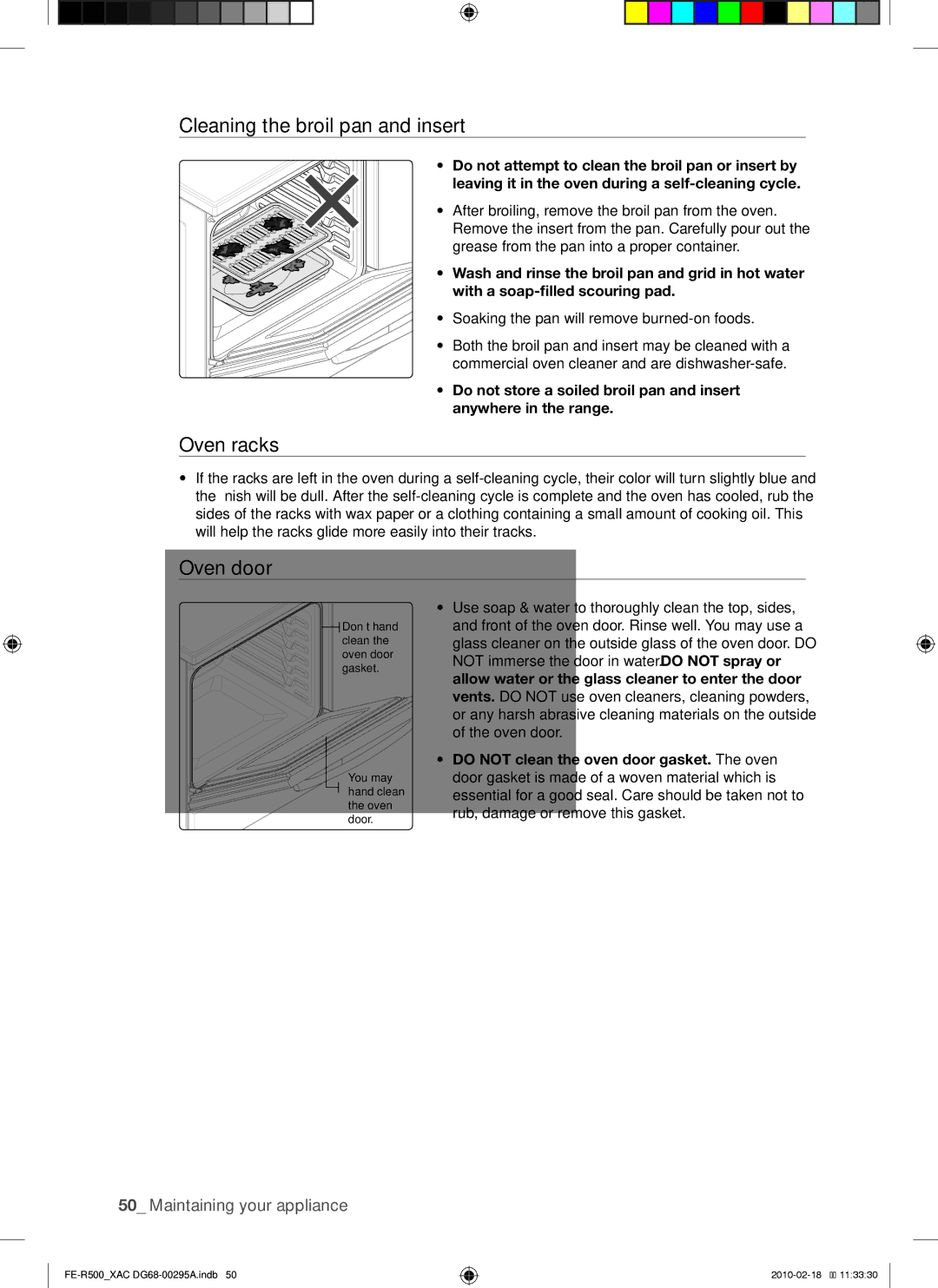 Samsung FE-R500_XAC, FE-R500WB, DG68-00295A user manual Cleaning the broil pan and insert, Oven racks, Oven door 