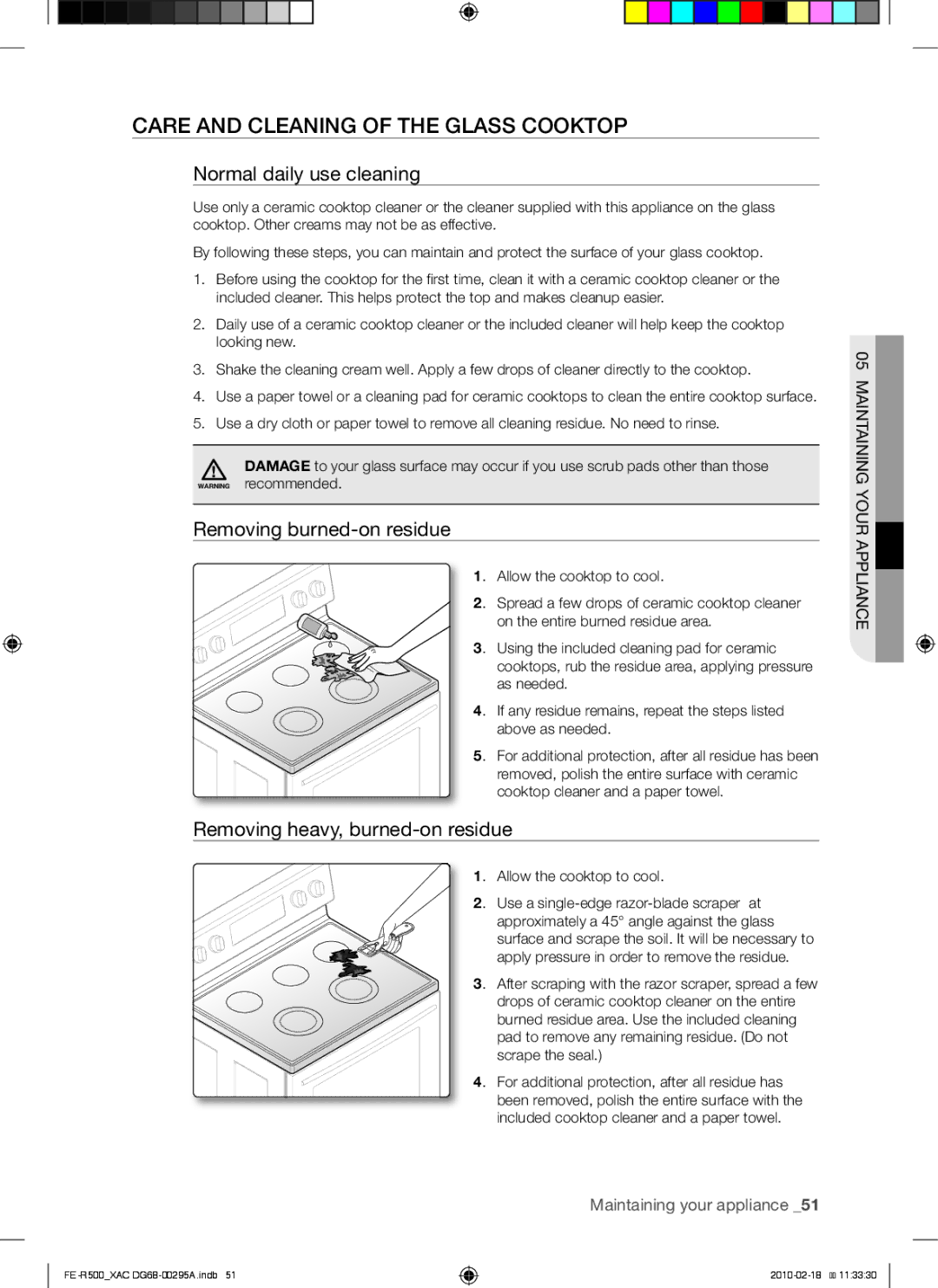 Samsung DG68-00295A, FE-R500 Care and cleaning of the glass cooktop, Normal daily use cleaning, Removing burned-on residue 