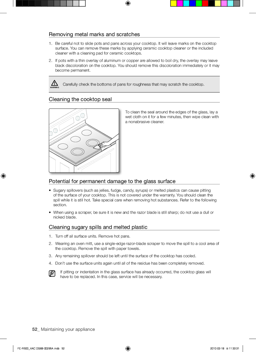 Samsung FE-R500WB Removing metal marks and scratches, Cleaning the cooktop seal, Cleaning sugary spills and melted plastic 