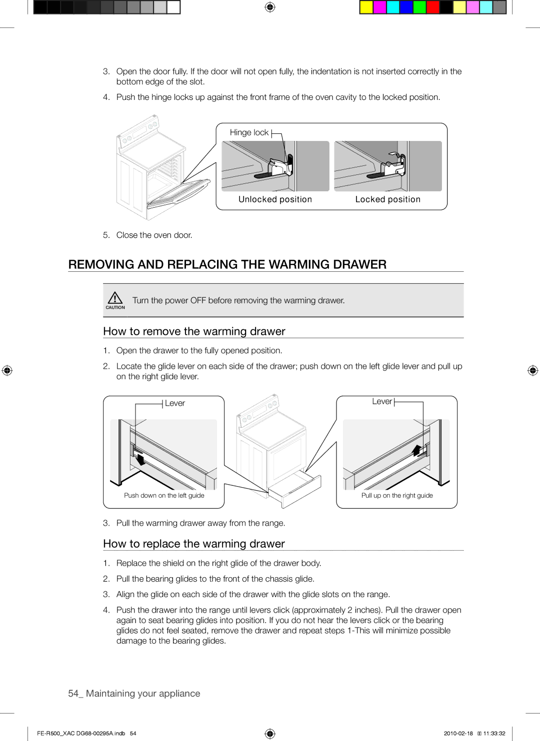 Samsung FE-R500_XAC, FE-R500WB, DG68-00295A Removing and replacing the warming drawer, How to remove the warming drawer 