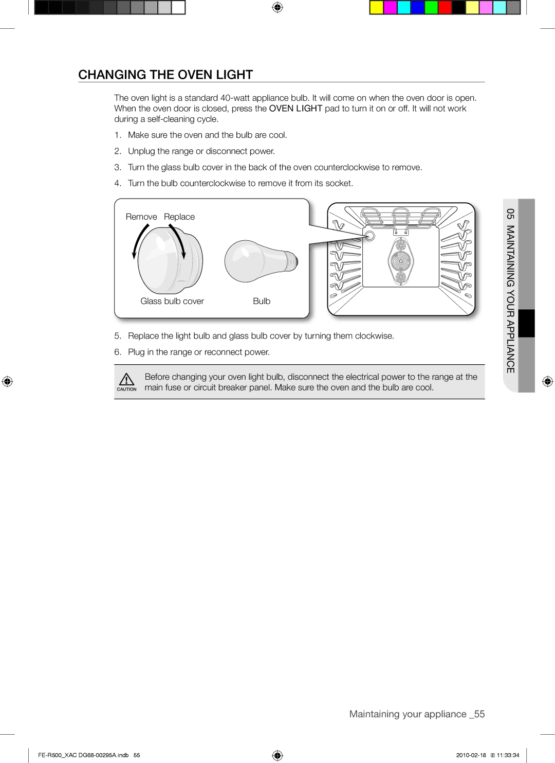 Samsung DG68-00295A, FE-R500WB, FE-R500_XAC user manual Changing the oven light 