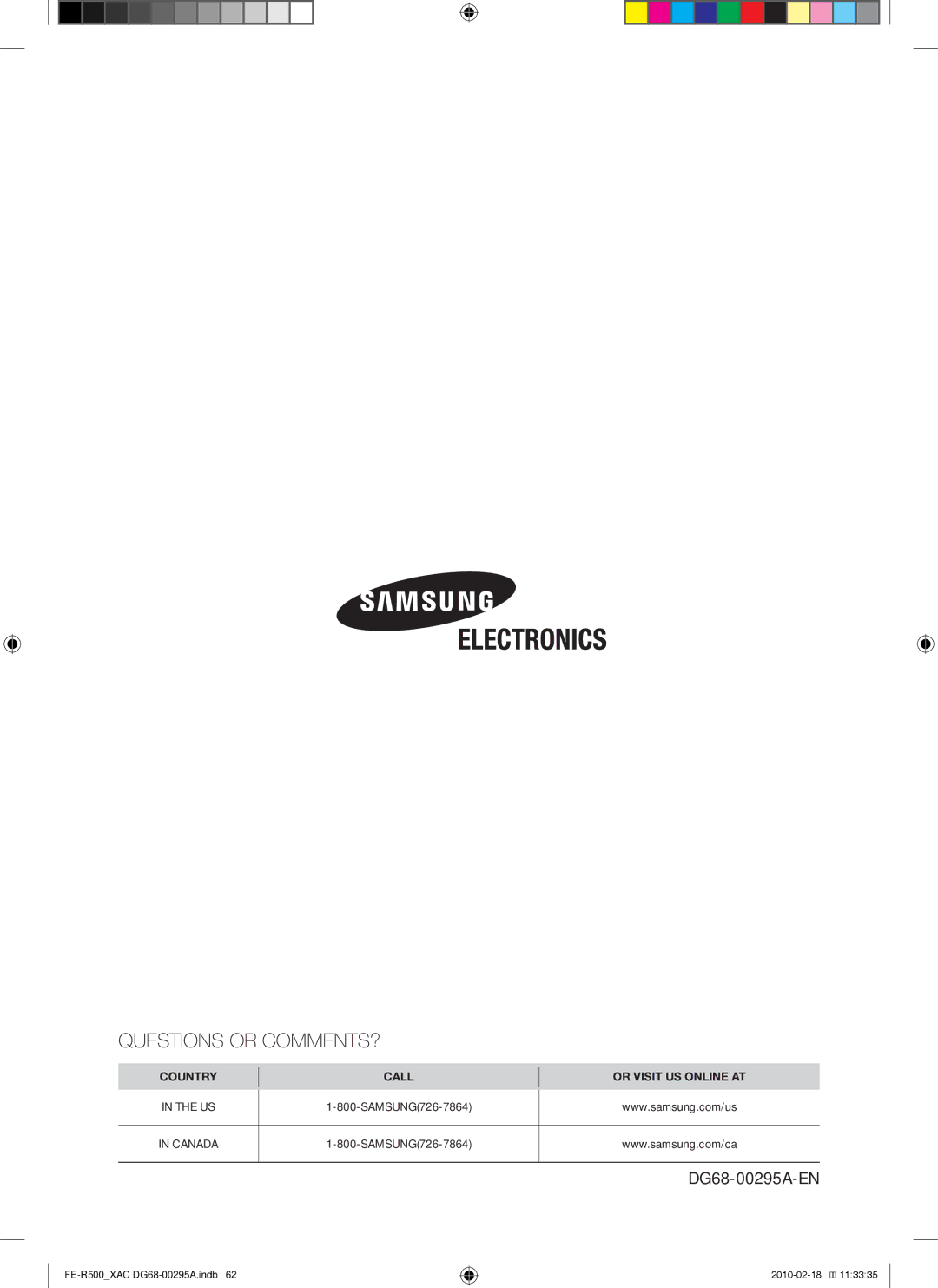 Samsung FE-R500_XAC, FE-R500WB, DG68-00295A user manual Questions or COMMENTS? 